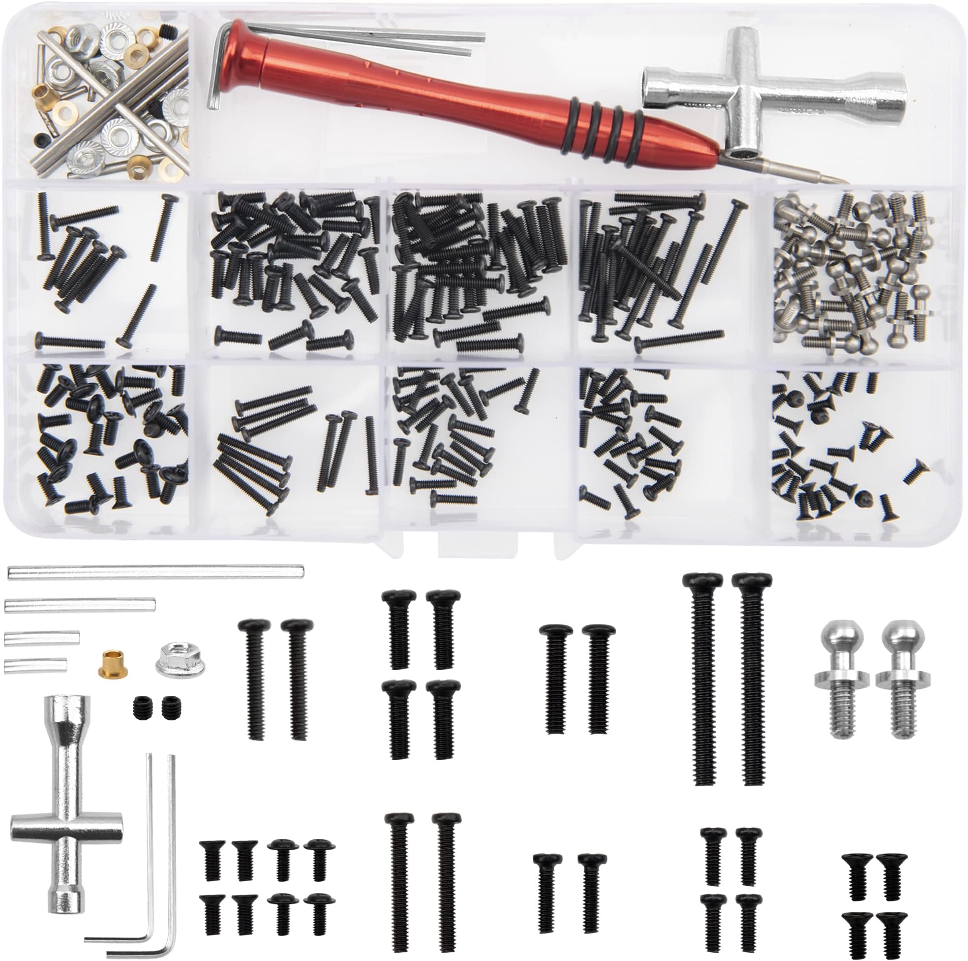 260PCS Repair Tool Kit M2 M2.5 Fastener Screw Bolts Hex Wrench Swing Arm Pins Ball Head Screw Compatible with WLtoys 1/18 A949 A959 A969 A979 K929 RC Car