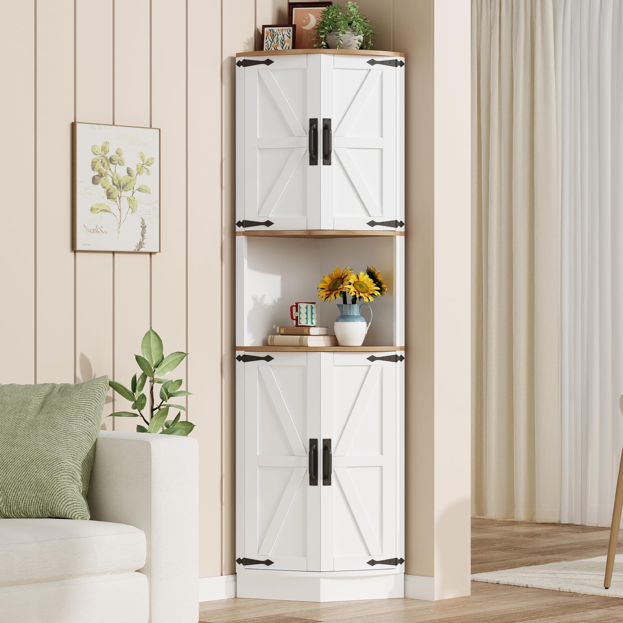 Merax Eckschrank, 180cm Küchenschrank Hoch, Eckregal mit 4 Türen und 5 Ablageflächen, Badezimmerschrank Schmal, Aufbewahrungsschrank Holz, Hochschrank für Küche, Wohnzimmer, Esszimmer, Weiß