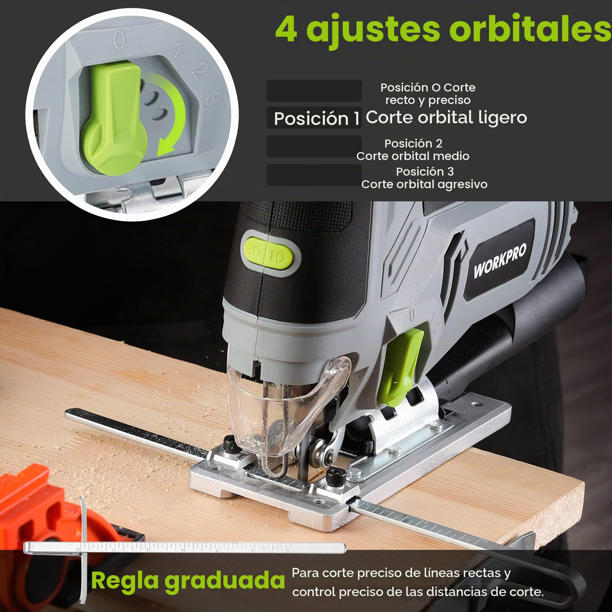 WORKPRO 850W Sierra de calar, con 6 velocidades y 4 posiciones orbitales, función de soplado de polvo, LED luz, ángulo de corte de ±45°, con tubo y regla guía, incluye 7 hojas de sierra
