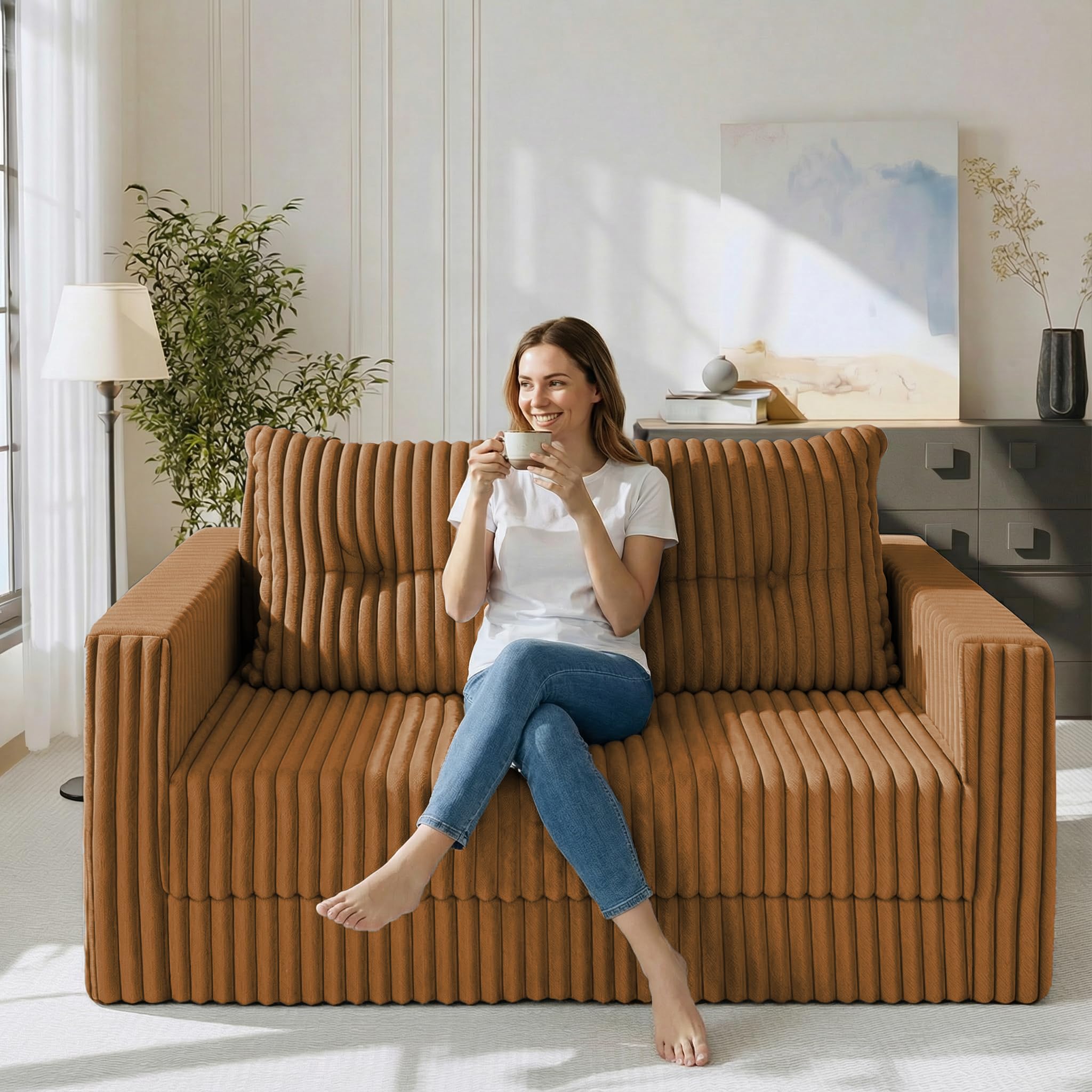 49.8" Loveseat Boneless Couch, 4-in-1 Convertible Sofa Bed, Plush Fur Folding Futon Sofa Bed Couches Without Pillow for Living Room, High-Density Foam Support, No Assembly Required, Orange