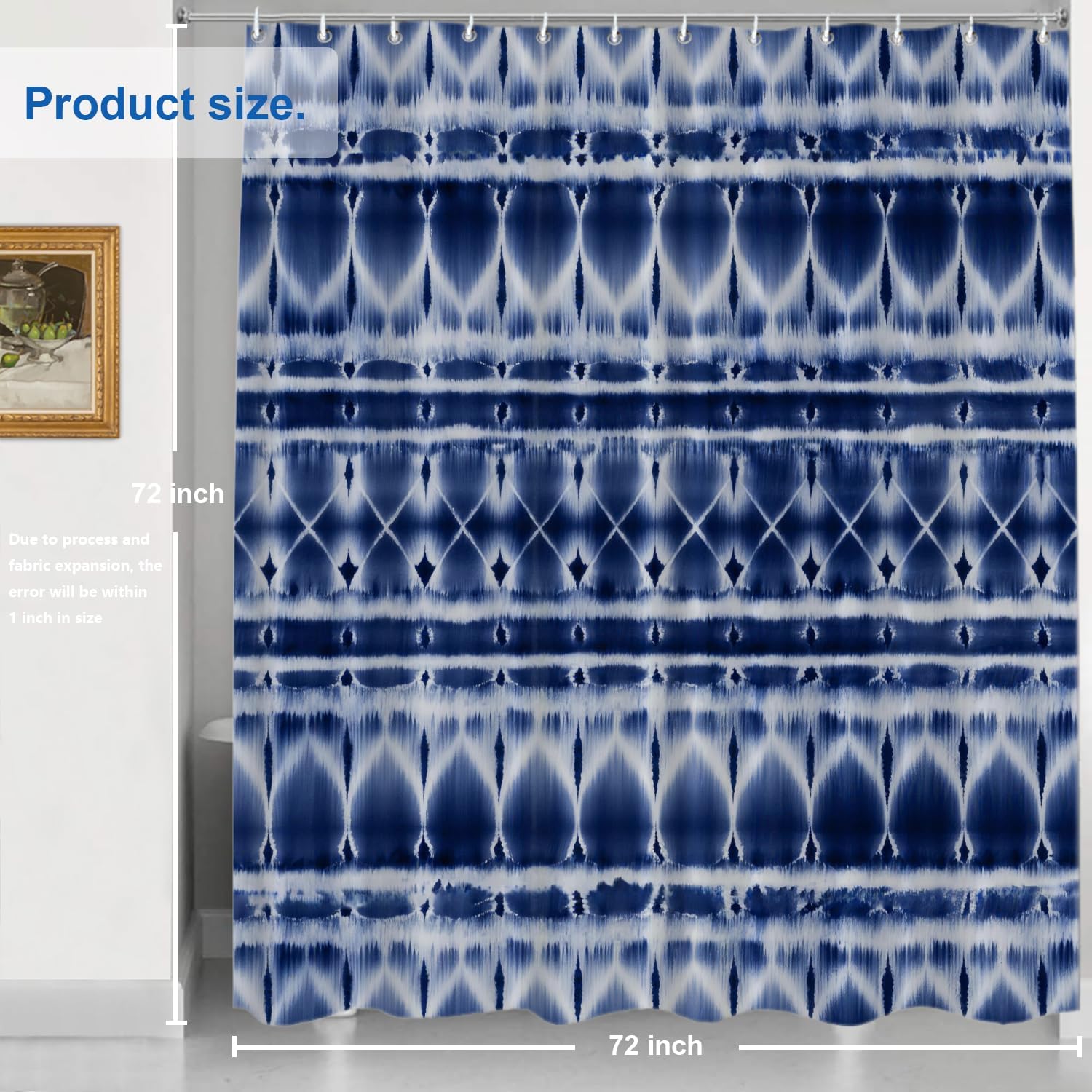 Shrahala Blue Tie Dye Decorative Shower Curtain, Shibori Striped Navy Indigo Abstract Folk Bathroom Decor Polyester Fiber Waterproof with Plastic Rings for Shower Stall Bathtubs 72 x 72 in