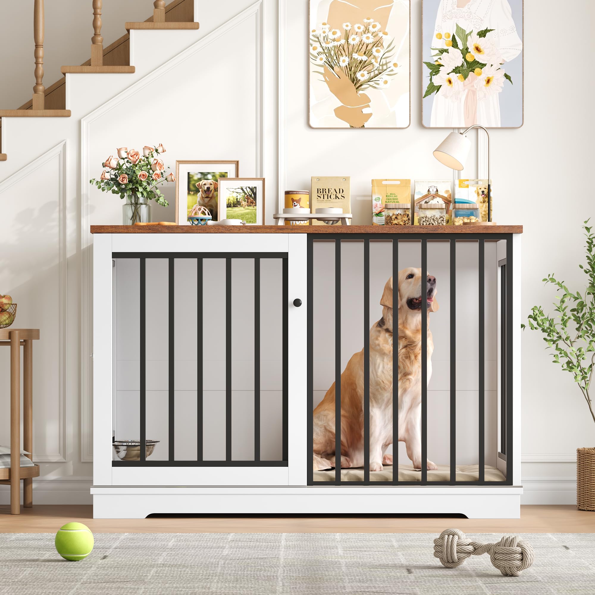 FirFurd 120cm Jaula para Perros,Mesa Auxiliar con Puerta corredera, Jaula Perro Grande para Casa de Madera,para Animales Acero para Perros Medianos y Grandes 120 x 90 x 60 cm (Blanco+Marrón)