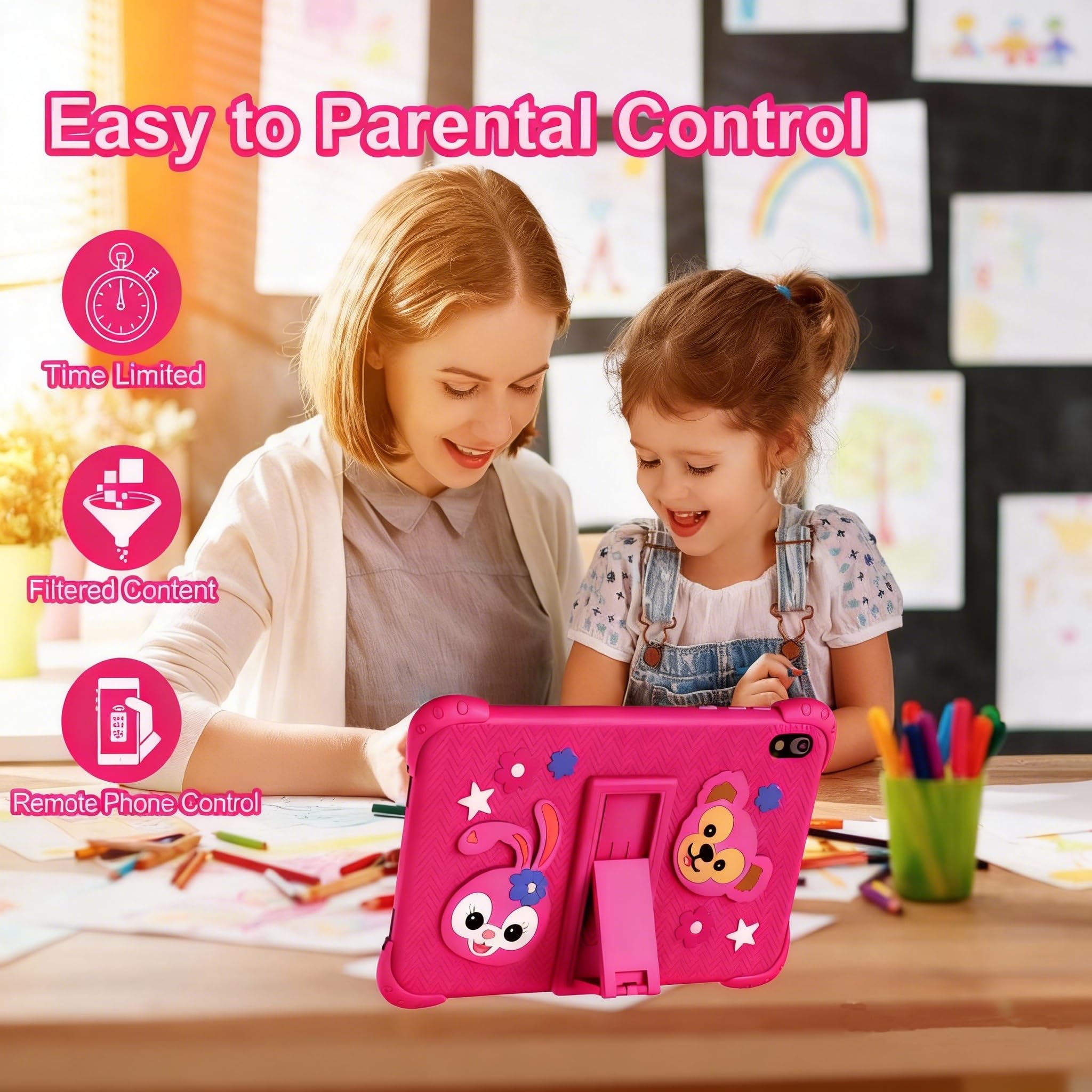 Kinder Tablet 8 Zoll mit WiFi Bluetooth 128 GB ROM 6 GB RAM Touchscreen Android 11 für Kinder 2 bis 10 Jahre,Kindersicherung,6000 mAh Es Wird mit Lern-Tablet mit Hülle,Rosarot