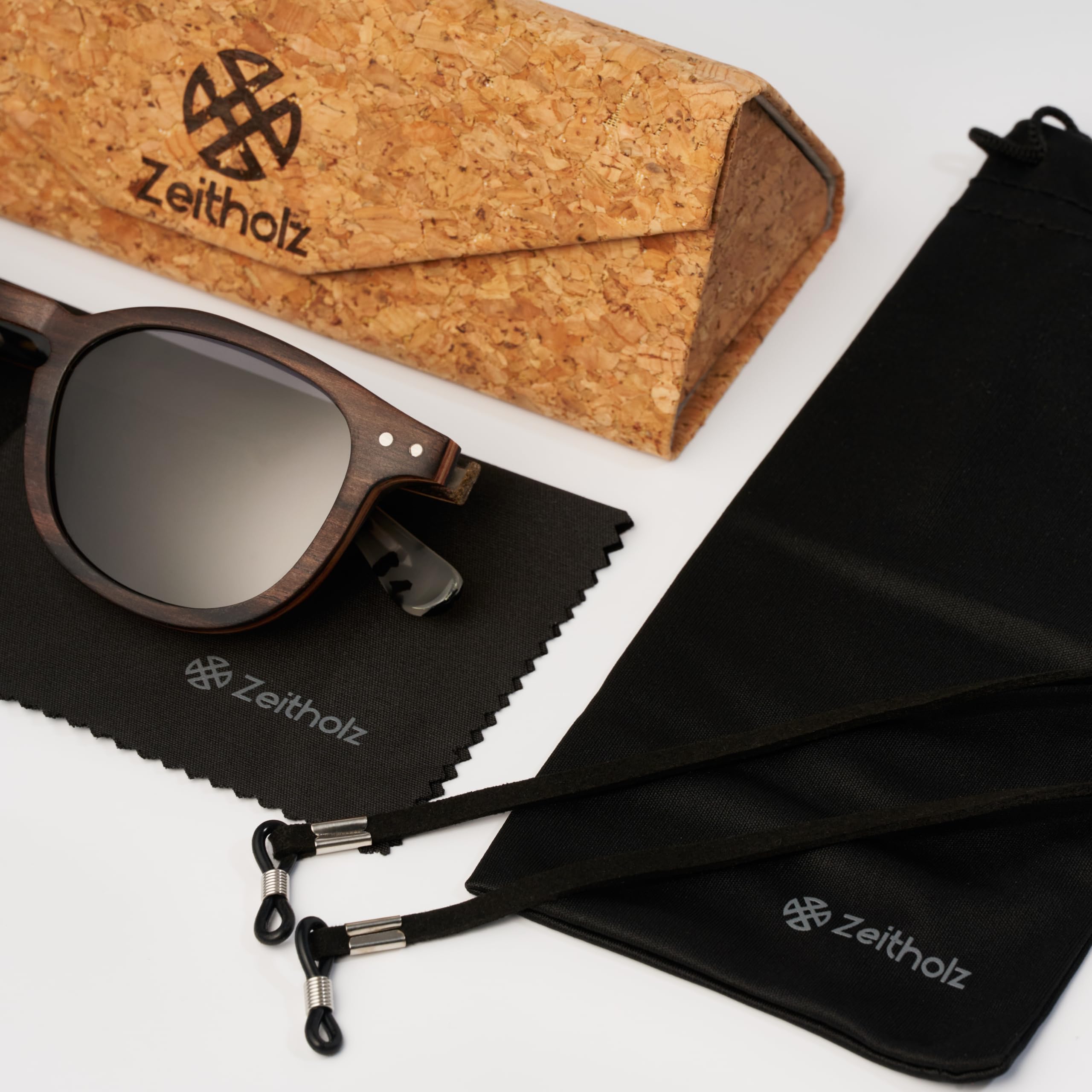 Neu Holz Sonnenbrille Damen & Herren – Ebenholz mit Acetat – Polarisierte UV400 Gläser – Mit Korketui, Stoffbeutel, Reinigungstuch & 2 Brillenbändern