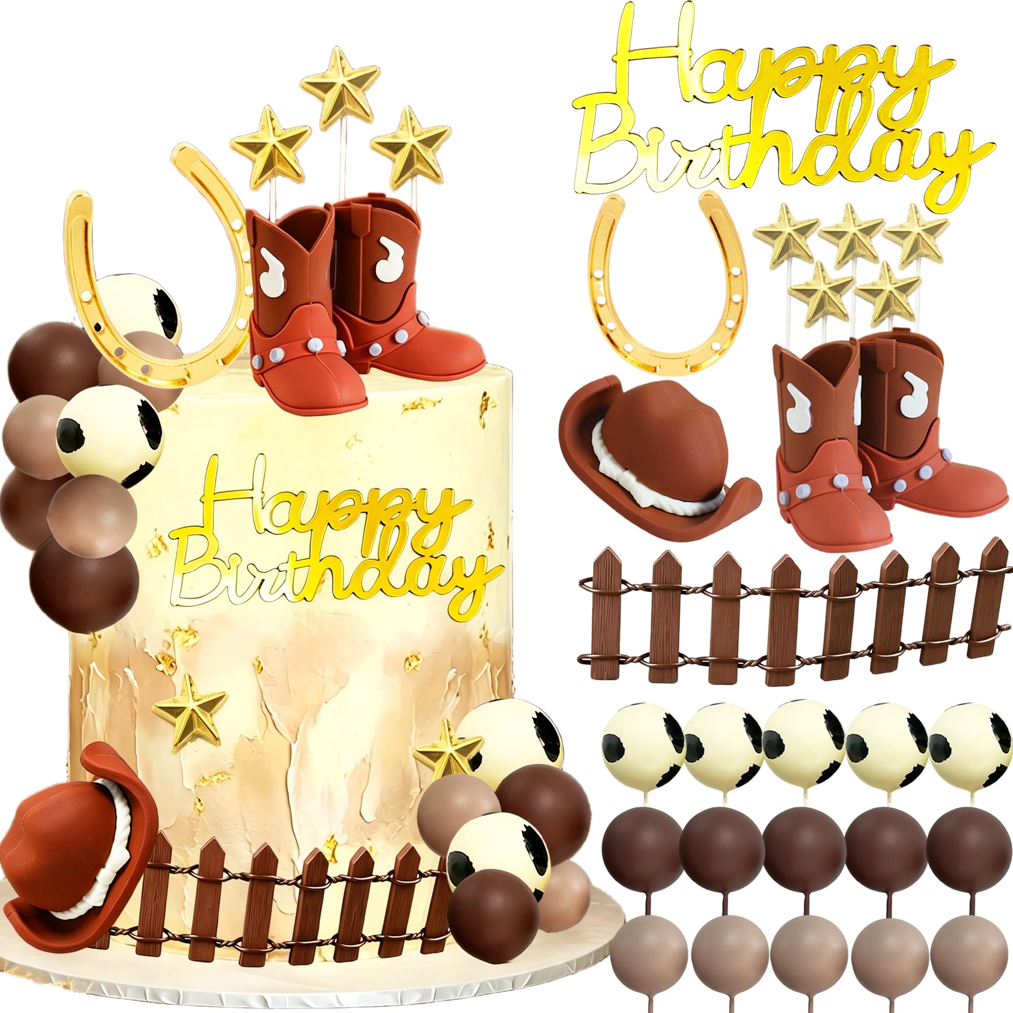 Tyotrbs 3D Cowgirl Happy Birthday Cake Topper Cowboy Hat Boots Cake Decoration for Western Theme Babyshower Birthday Party Cake Decorations (Brown)
