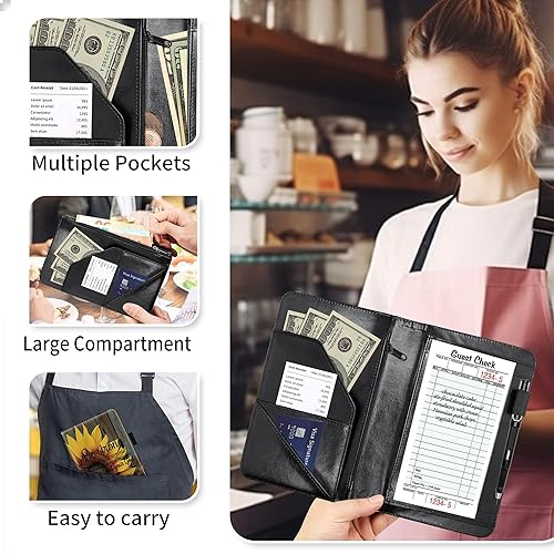 Miniatura 6 de RYUITHDJP Libro de mesera, libros de camarera con bolsillo con cremallera, diseño de cita de girasol, organizador de libros para servir,