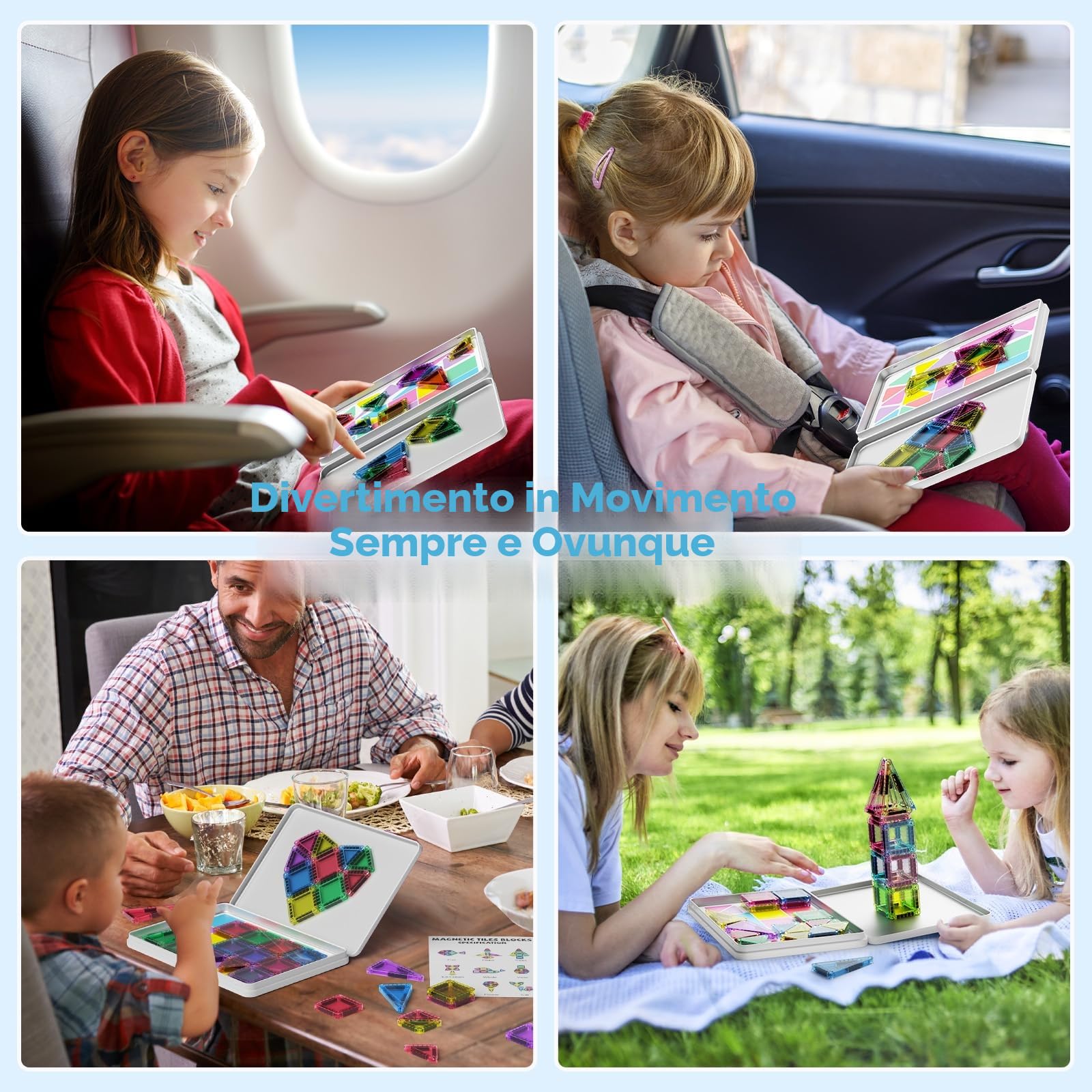 Set di 42 mattonelle magnetiche da viaggio per bambini, portatili, da viaggio, mini piastrelle magnetiche, giocattoli magnetici, scatola da costruzione montessori, giocattolo regalo per bambini di 3+