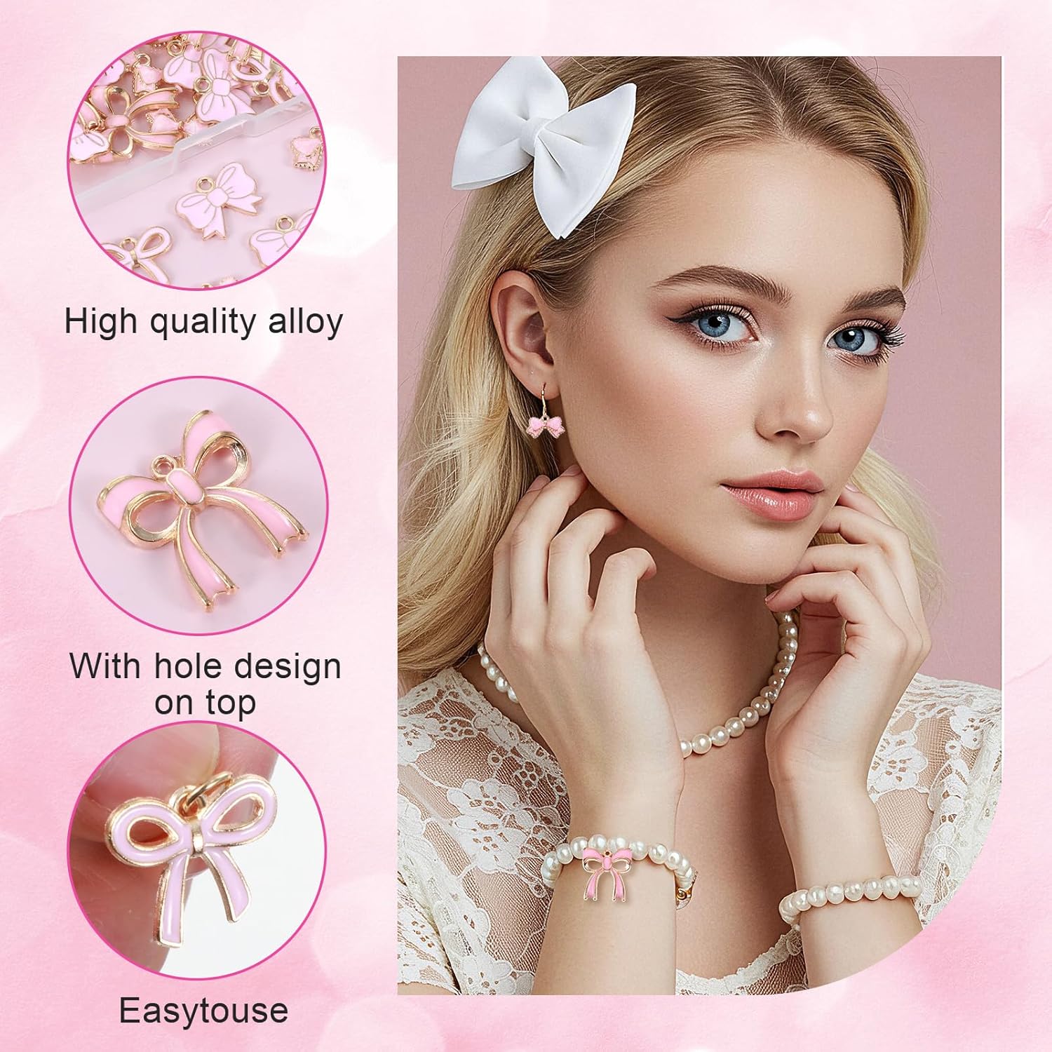 50 Pcs Pink Bow Charms for Jewelry Making, Alloy Bowknot Enamel Charms Bulk Links Bow Tie Pendants Charm for Women DIY Making Bracelets Earrings Necklace Craft Supplies (with 50 Small Circles) - Image 4