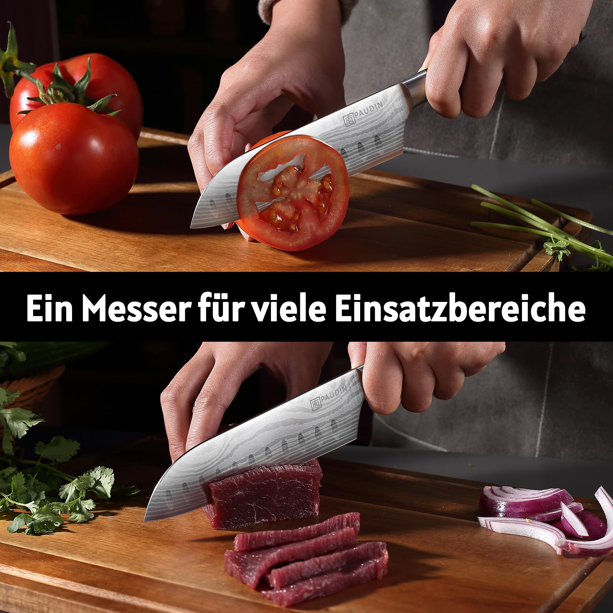 PAUDIN Coltello Santoku da 13 cm, coltello da cucina giapponese in acciaio inossidabile ad alto tenore di carbonio, ergonomico e versatile per carne, verdura e frutta