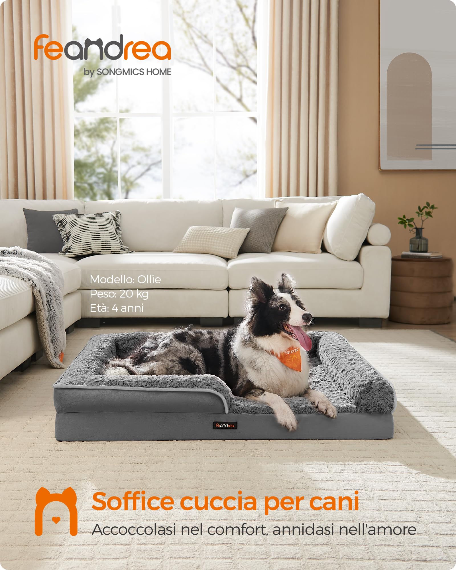 Feandrea Cuccia Cane Interno, Cuccia per Cani, Lettino per Animali, Ortopedico con Gommapiuma Ondulata, Bordi Rialzati, Copertura di Peluche Sfoderabile,106 x 81 x 18 cm, Grigio Ardesia PGW253G02