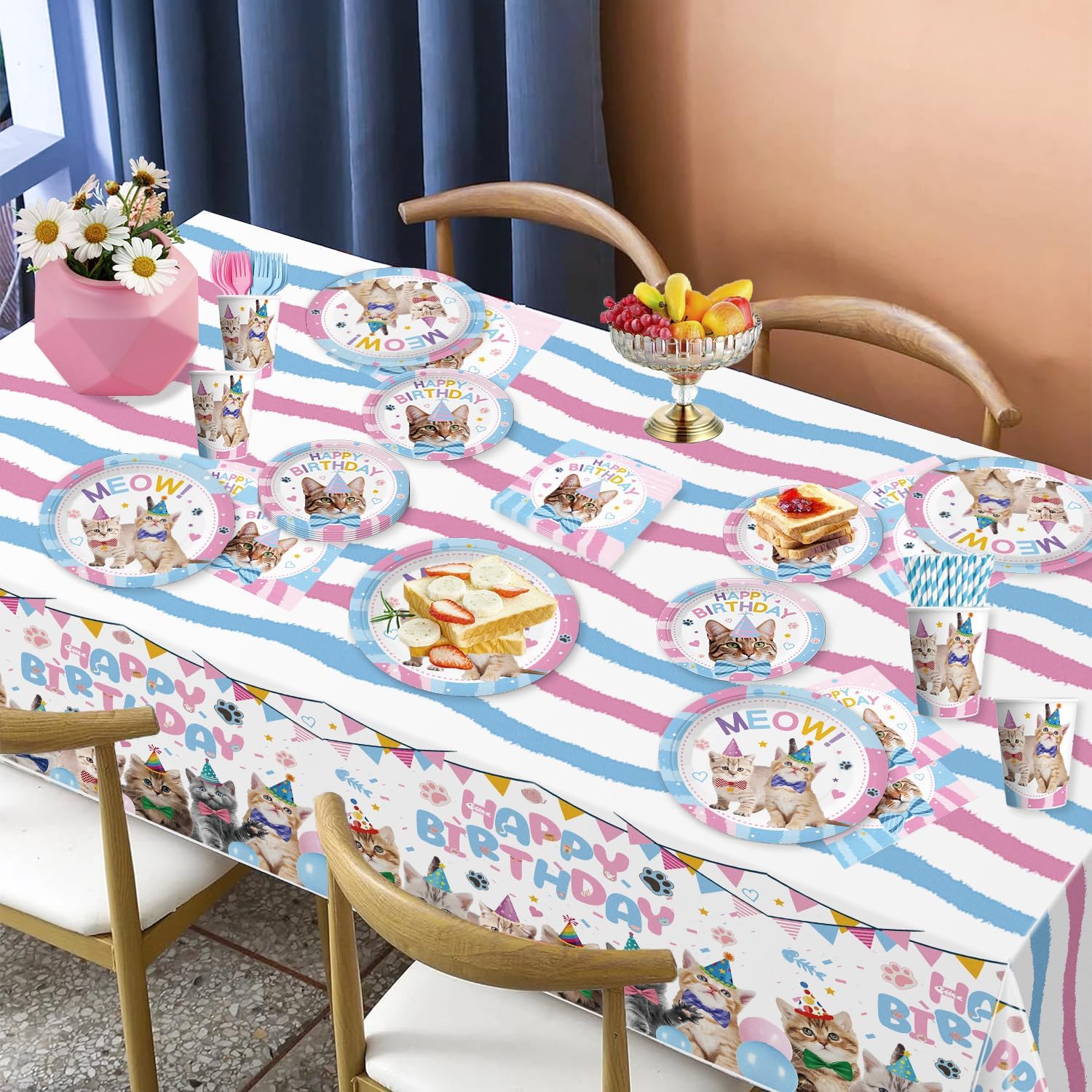 177pcs Cat Birthday Decorations Include Cat Party Plates and Napkins Set, Banner, Hanging, Tablecloth, Party Hat, Cupcake Topper, Table Decor, for Kitten Girls Birthday Party Decorations, Serves 25