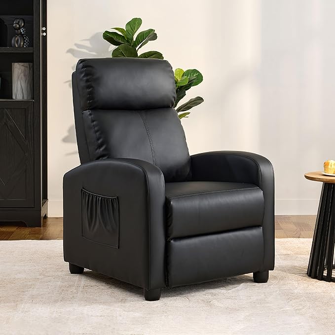 Leather Recliner Chair for Living Room, Modern Adjustable Home Theater Seating Single Sofa with Adjustable Backrest & Padded Armrests, Manual Push Back Armchair for Small Spaces,Black