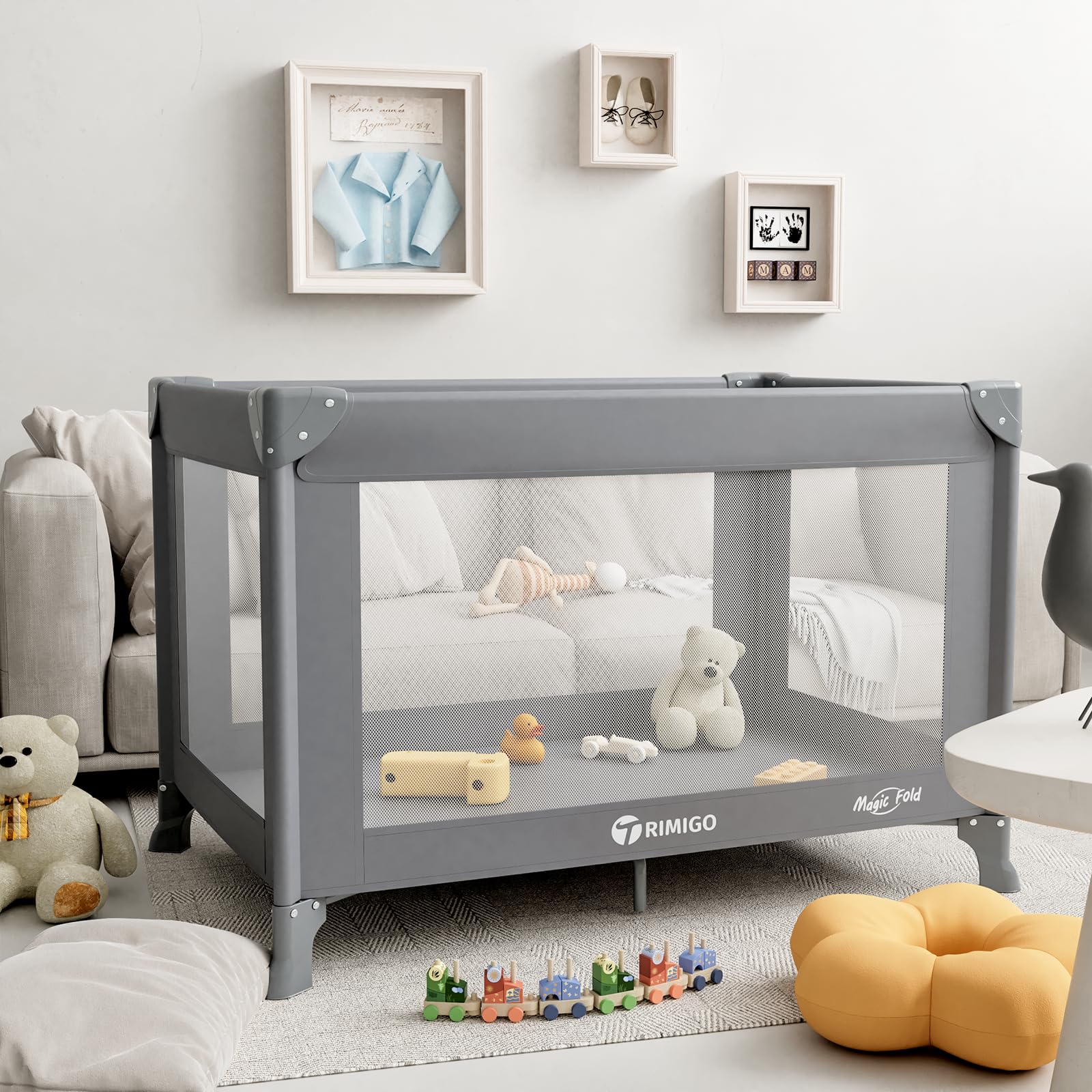 Trimigo Travel Cot, Playpen, Travel Cot for Newborns & Toddlers, Compact Dimensions After Folding, Includes Carry Bag (Grey)