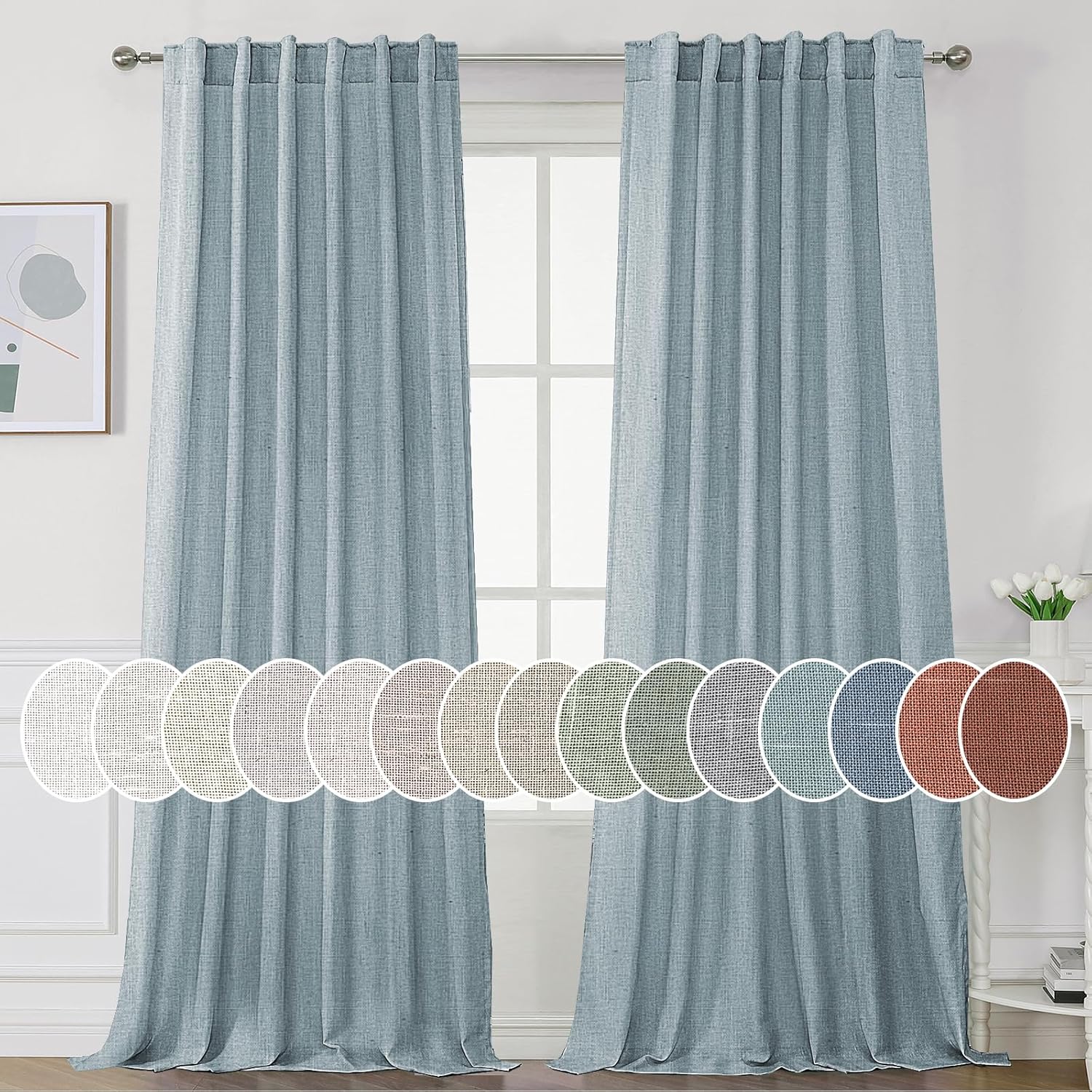 H.VERSAILTEX Natural Linen Curtains 108 inches Long for Living Room 2 Panels Back Tab Loop Pocket Textured Light Filtering Semi Sheer Curtains Rustic Farmhouse Boho Curtain for Bedroom, Stone Blue
