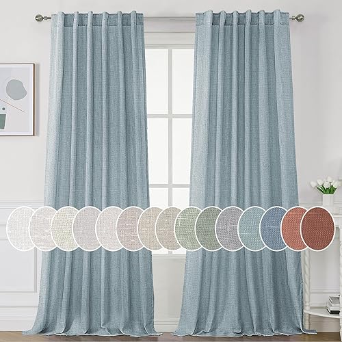 H.VERSAILTEX Natural Linen Curtains 108 inches Long for Living Room 2 Panels Back Tab Loop Pocket Textured Light Filtering Semi Sheer Curtains Rustic Farmhouse Boho Curtain for Bedroom, Stone Blue