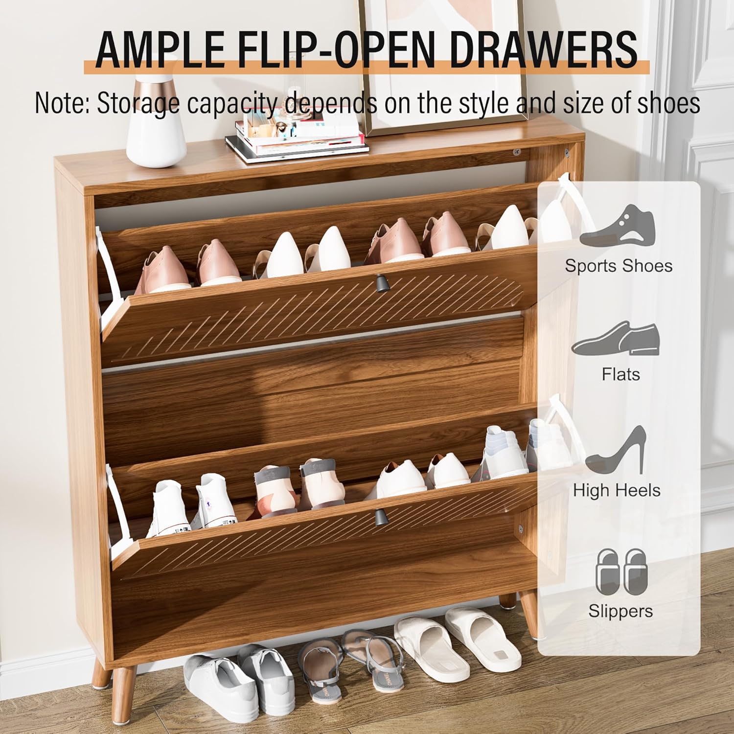 Close-up of the ample flip-open drawers of the Fsbecl Shoe Storage Cabinet, illustrating how different shoe types can be stored.