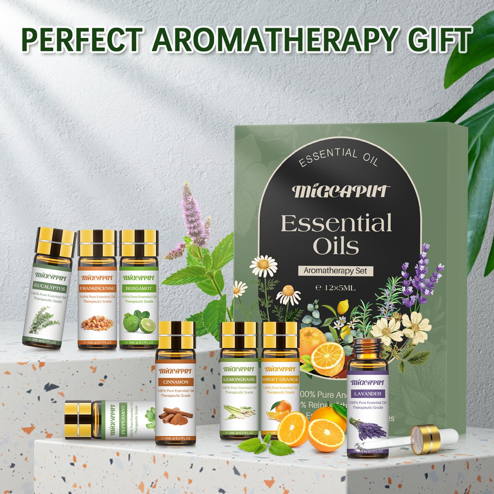 MIGCAPUT Zestaw Olejków Eterycznych 12 x 5ML, 100% Naturalne Aromaterapia Olejków Zapachowych do Dyfuzory, SPA, Masażu - Lawenda, Mięta, Drzewo Herbaciane, Słodka Pomarańcza, Trawa Cytrynowa