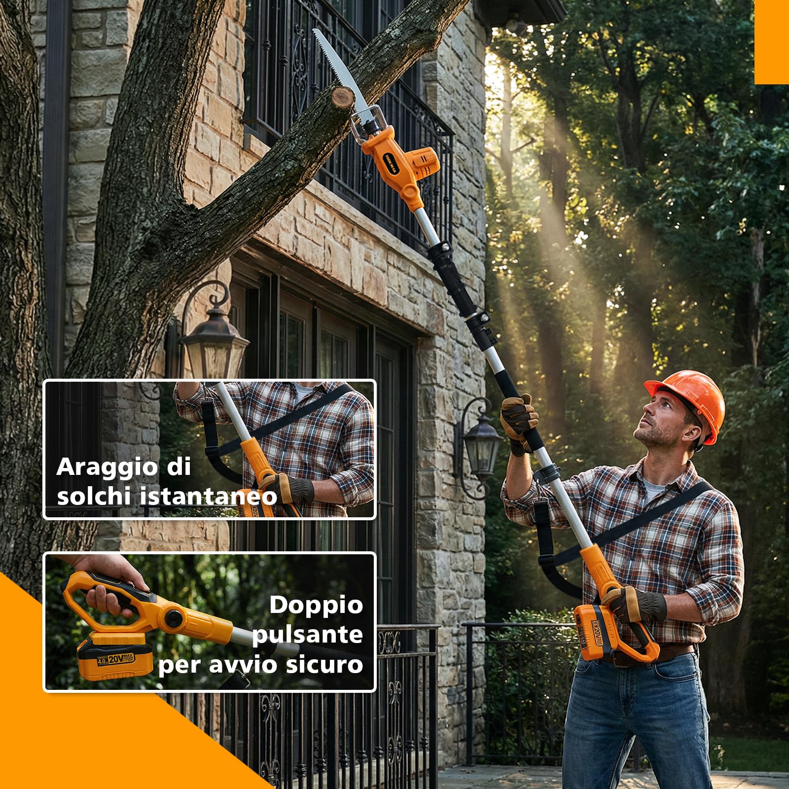 TOOLMAK Motosega a Batteria 20V 4,0Ah con Asta Telescopica 3m da Giardino | Sega Elettrica per Alberi e Rami, Lama 210 mm, seghetto per potatura(1 Batteria)