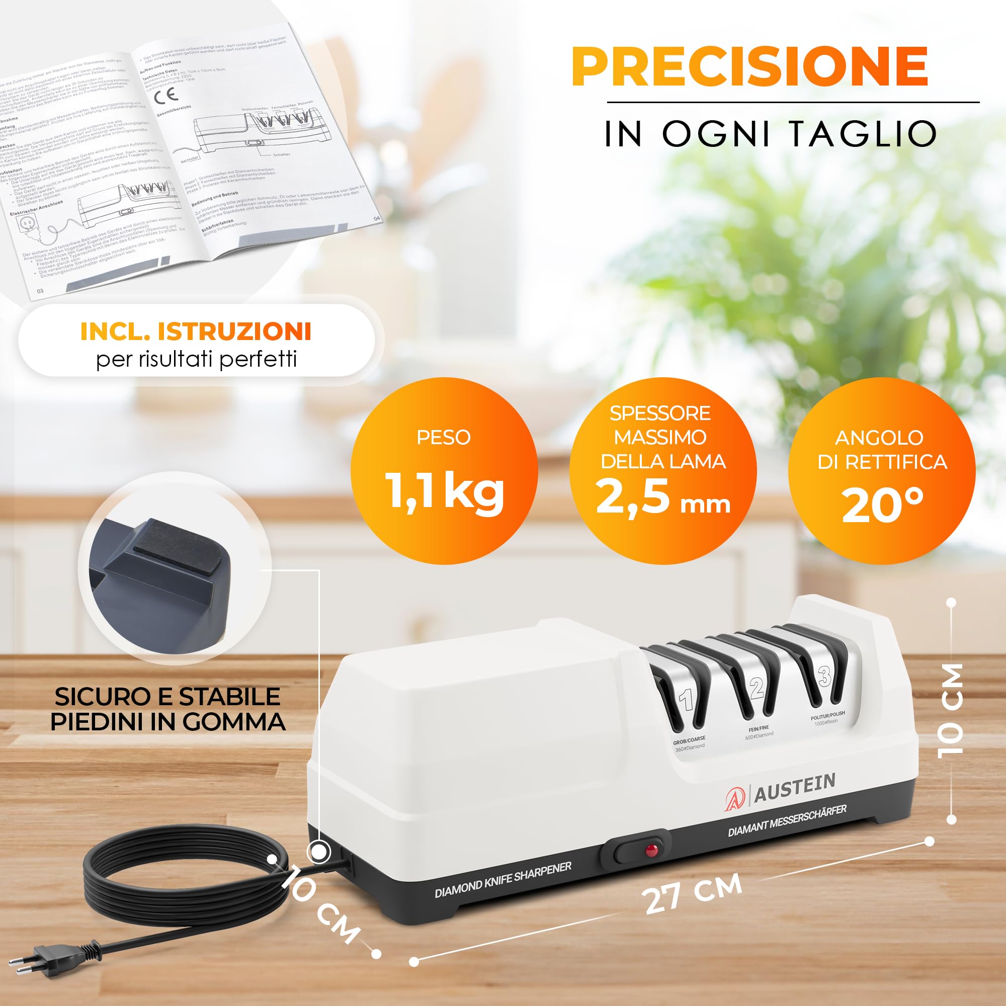 AUSTEIN Affilacoltelli elettrico Professionale al diamante TG2202 - con 3 Fasi Versatili, Mole diamantate Monocristalline, Affilatura Rapida, Motore Ultra Silenzioso, Protezione dal Surriscaldamento
