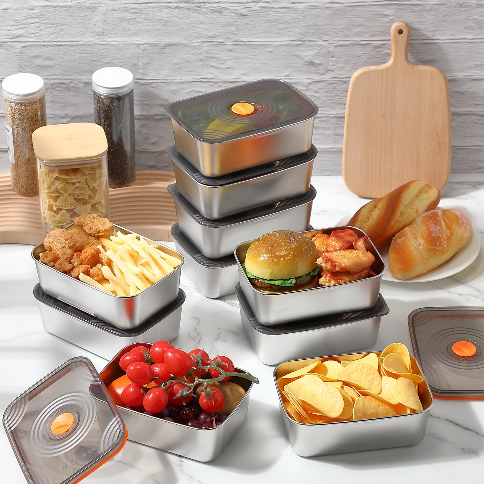 Layhit 16 Sets, 16 Sets, Edelstahl-Frischhaltedosen mit Deckel, groß, wiederverwendbar, stapelbar, Metallbehälter, rechteckig, Obst-Lunchbox für Picknick, Reisen, spülmaschinen- und gefriergeeignet