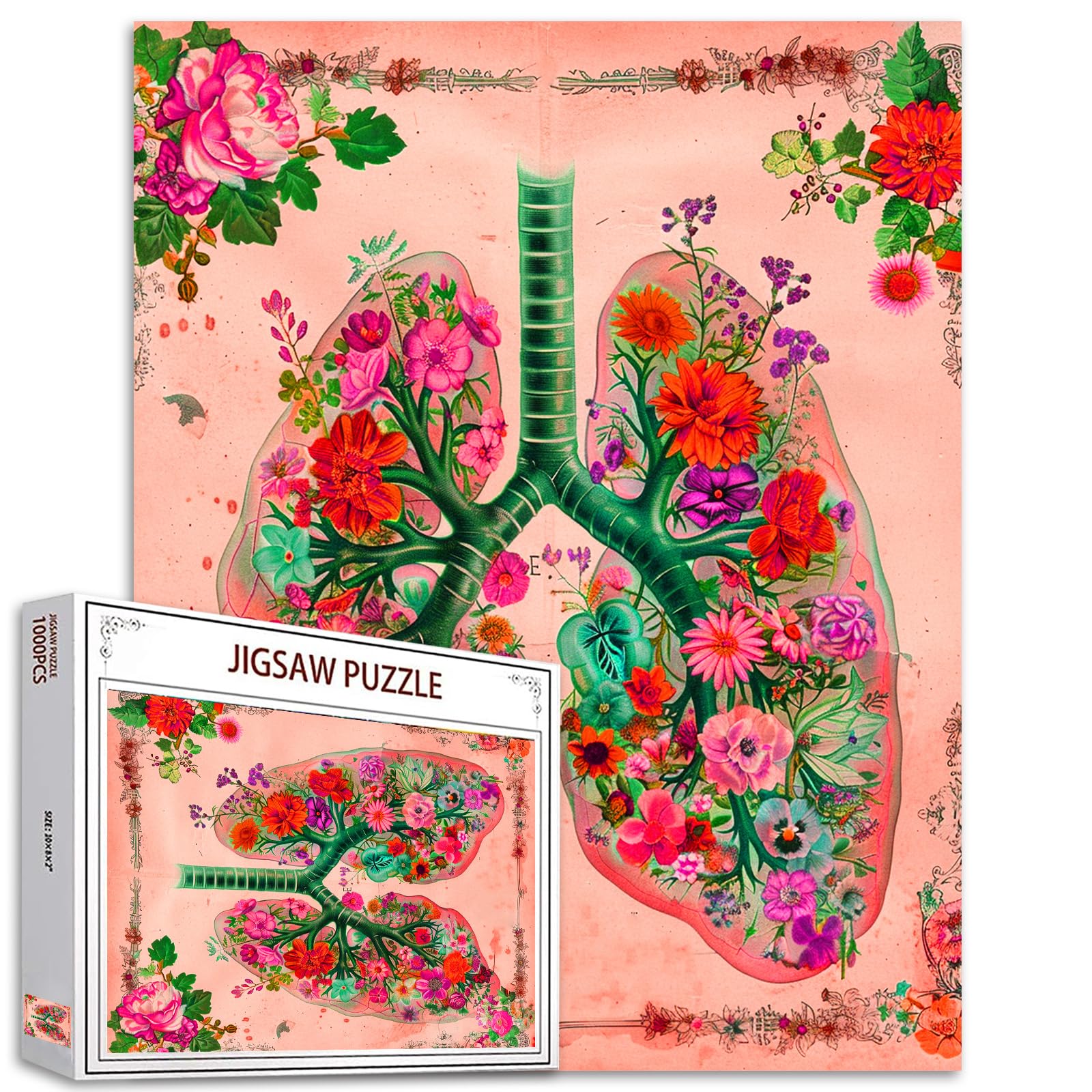 Flower Organs Jigsaw Puzzle Vintage Lungs Floral 1000 Pieces Puzzles Game Human Anatomy Jigsaw Puzzles for Adults Home Decor DIY Craft Puzzle Gift for