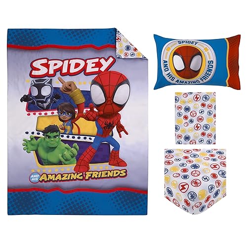 Miniatura 8 de NoJo Marvel Spidey and His Amazing Friends - Juego de ropa de cama infantil de 4 piezas, color azul, rojo, amarillo y verde, juego de cama para