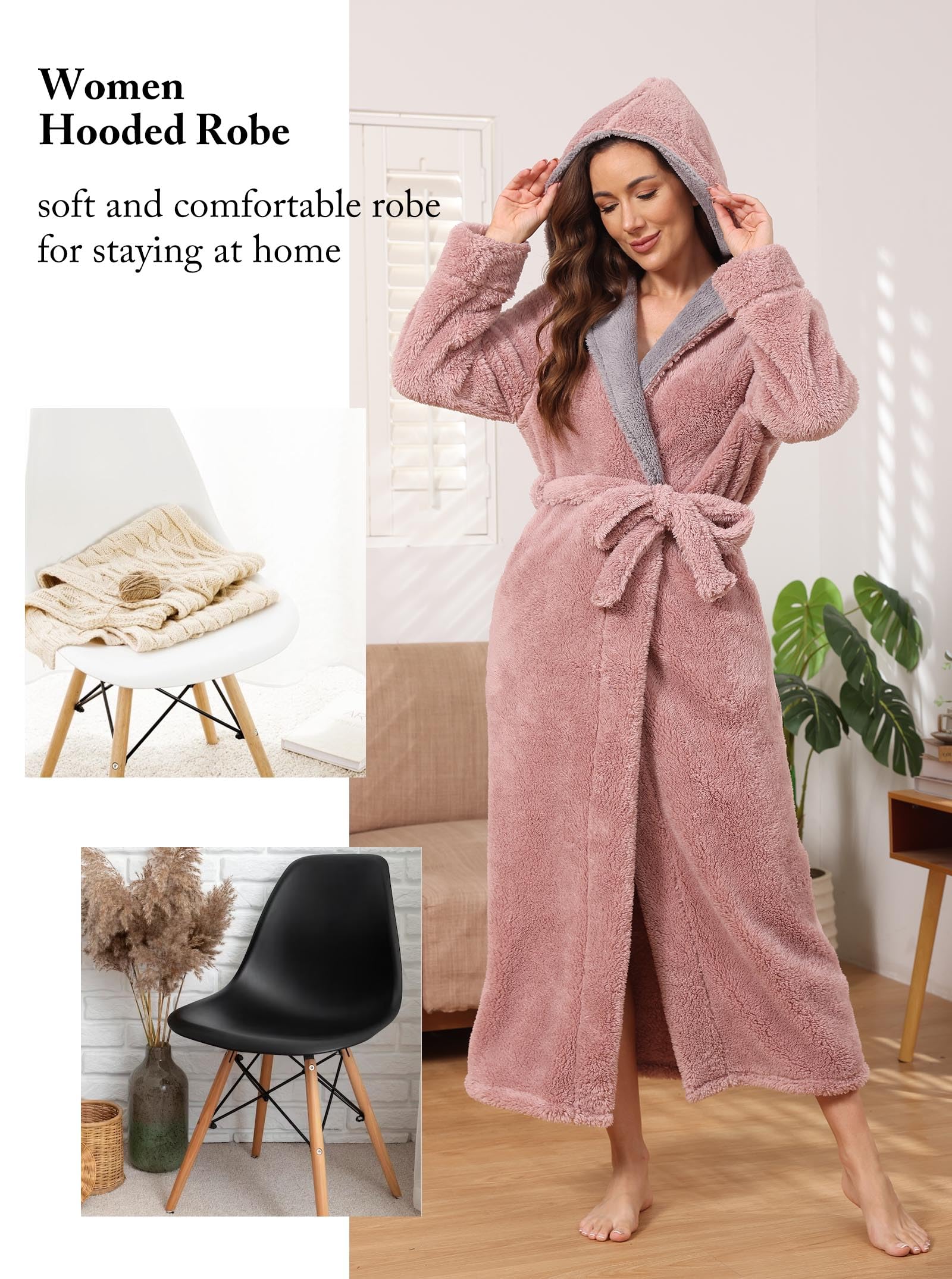 Hellomamma Peignoir long à capuche pour femme en flanelle polaire de luxe pour l'hiver chaud