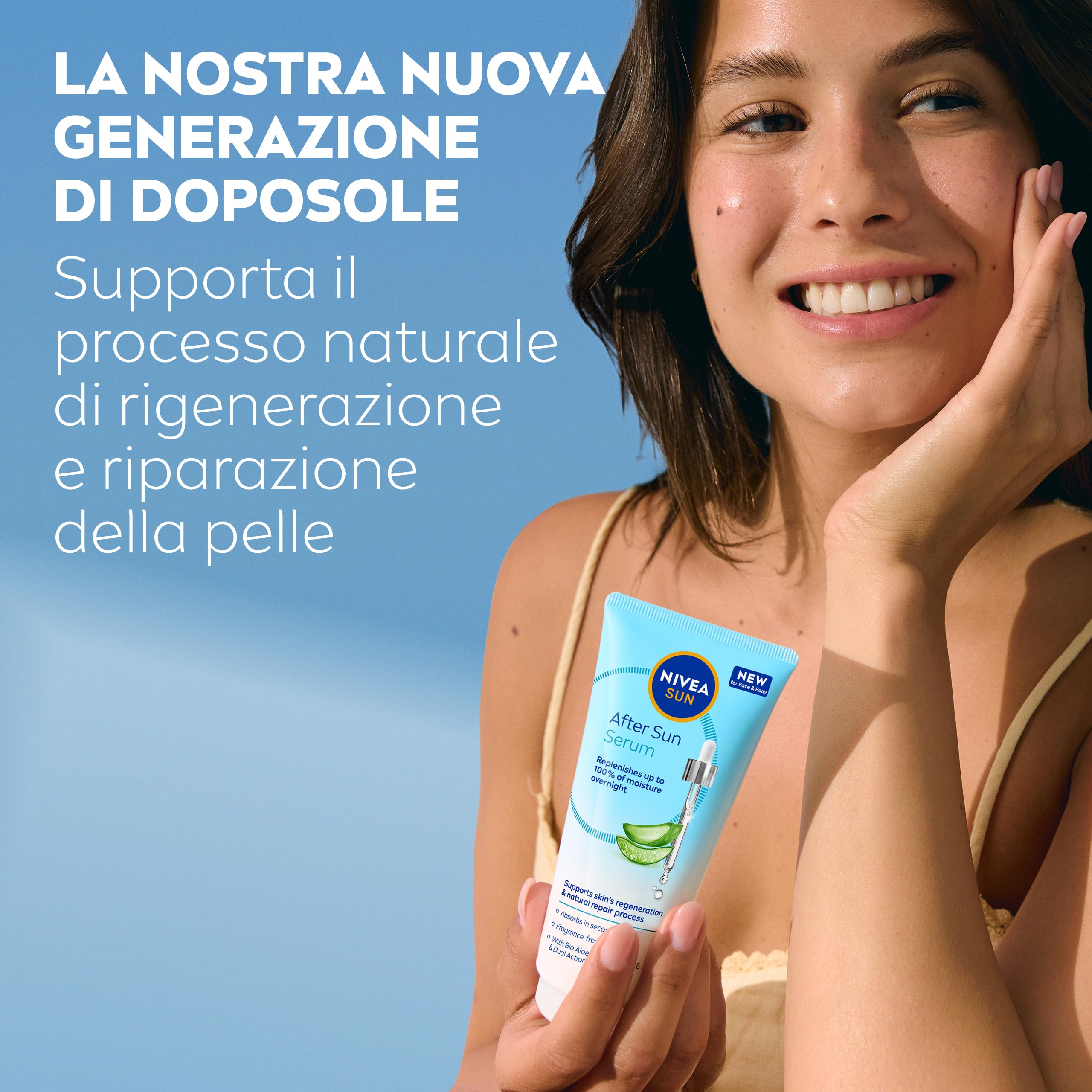 NIVEA SUN Siero Doposole 100 ml, Siero dopo sole idratante e rigenerante per viso e corpo, Aftersun con Aloe Vera Bio, Vitamina E e Acido Ialuronico, Assorbimento rapido, Senza profumo