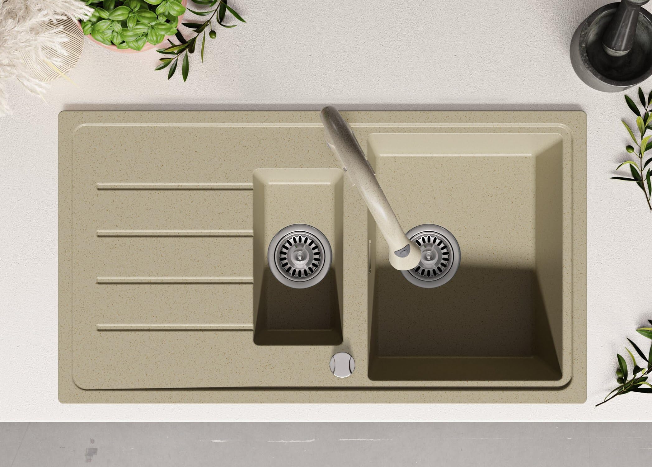 PRIMAGRAN Evier Cuisine en Granit Tout Beige - Copenhague Duo, 90x50cm | Lavabo 1,5 bacs + Kit de Vidage, Évier à Encastrer au Meuble 60cm (S010)