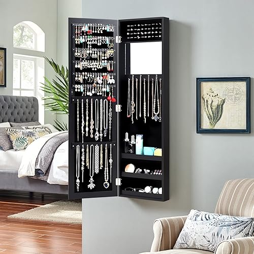 Miniatura 9 de COSTWAY Armario de joyería de espejo de longitud completa organizador de joyas montado en la puerta de pared con espejo de maquillaje ranuras para