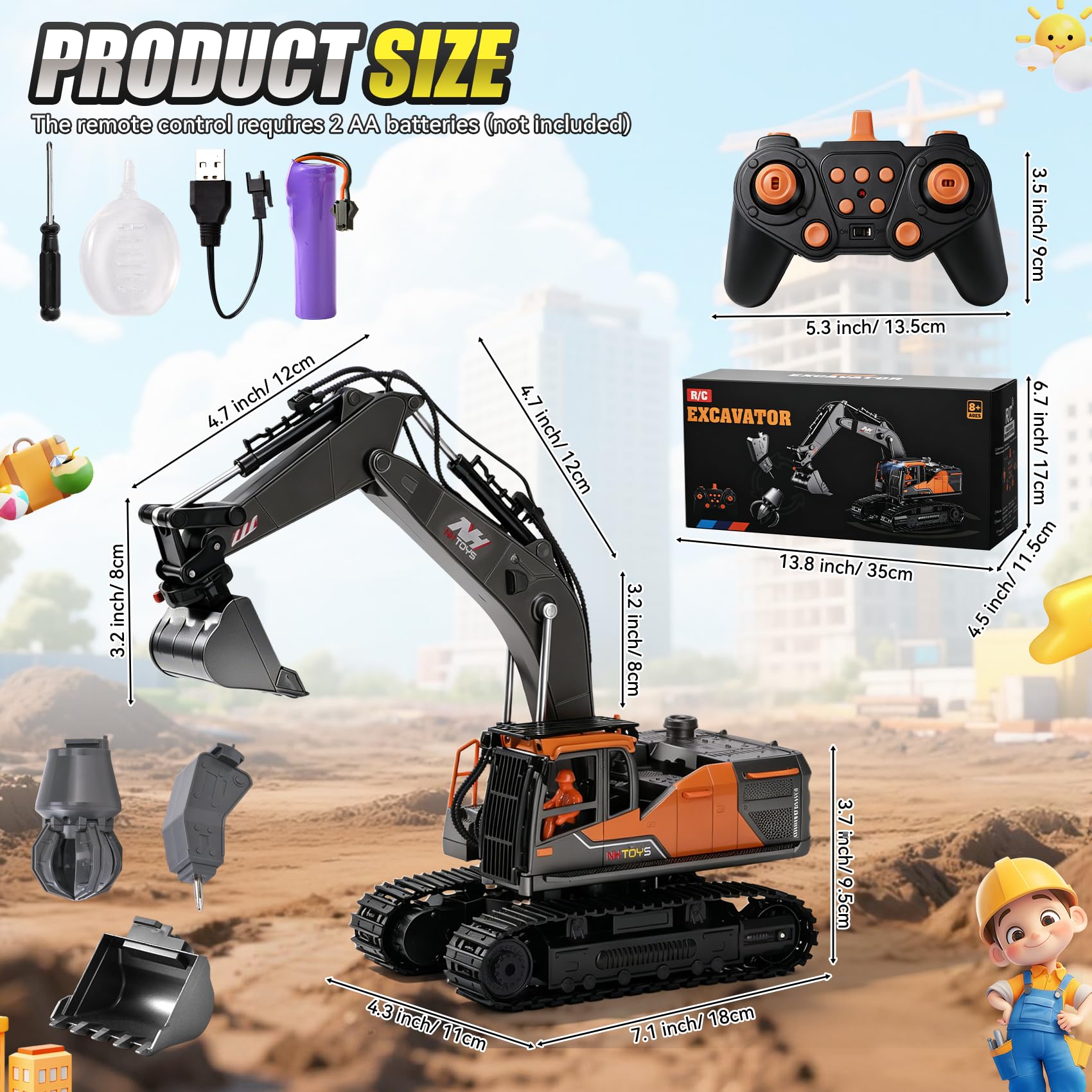 3-in-1 Ferngesteuerter RC Bagger mit Metallener Schaufel Greifer Bohrer, 2.4GHz 14 Kanäle | 680° Rotation | LED Licht | Wasser-Dampf-Effekt, RC Bagger Spielzeug Geschenk für Jungen 3-12 Jahre