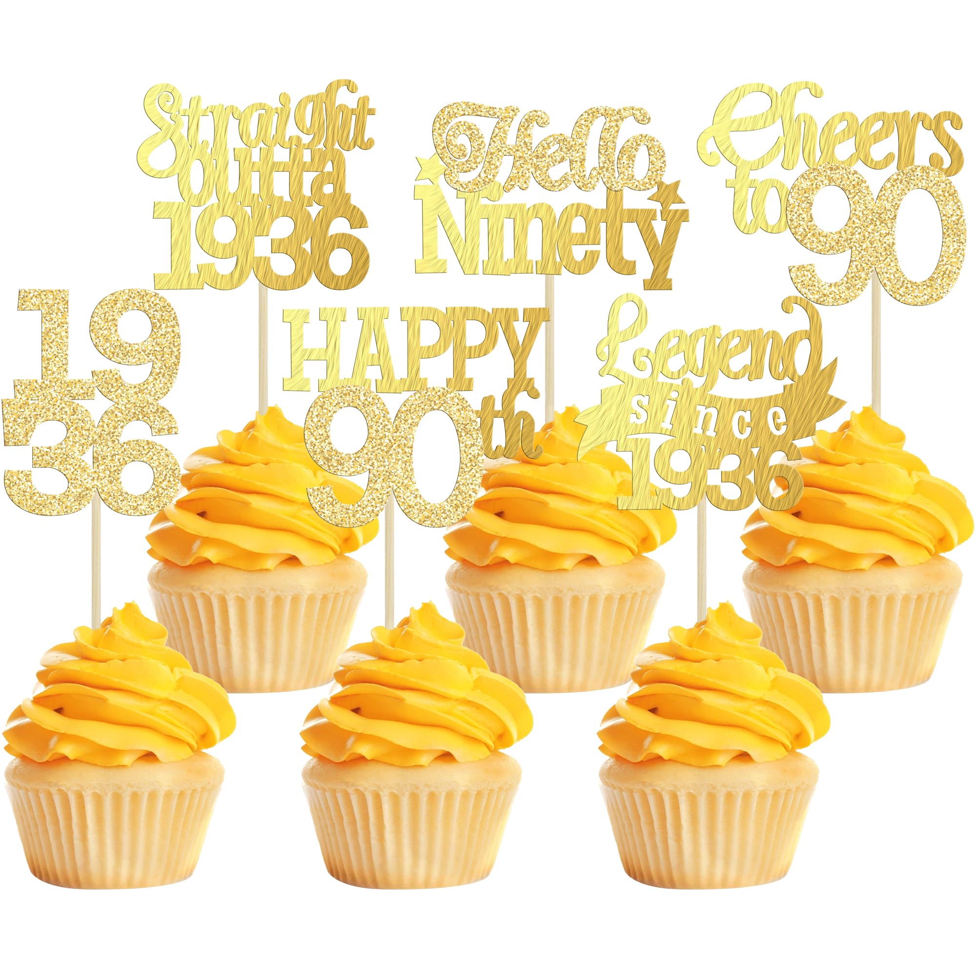 Gyufise 24Pcs Happy 90th Birthday Cupcake Toppers Hello Ninety Legend Since 1936 Cupcake Picks Cheers to 90 Years Cake Decorations for 90th Birthday Anniversary Party Supplies Gold
