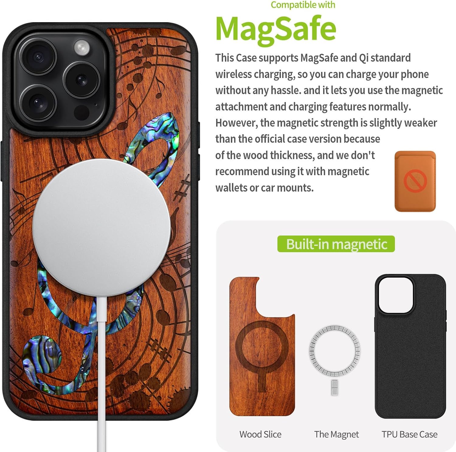 Carveit Magnetic Case for iPhone 16 Pro Max Case, Wood Artisan Engraved & Handmade Shell Inlaid, TPU Shockproof Cover, Compatible with MagSafe Wireless Chargers (Musical Note) Rosy