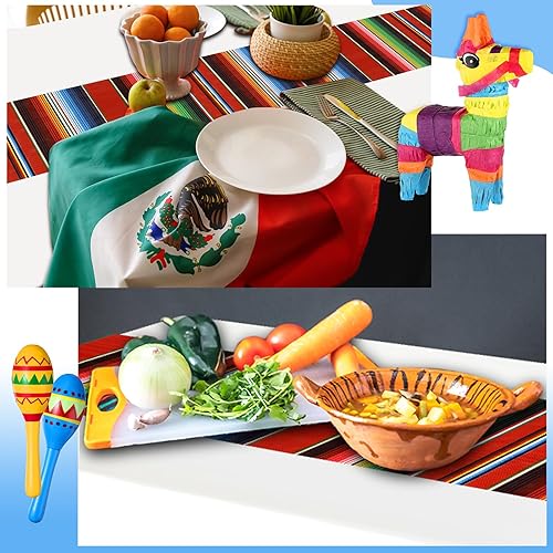 Miniatura 6 de Hosuly Mantel de fiesta mexicana de 54 x 108 pulgadas, mantel de plástico a rayas para decoración de fiesta mexicana (fondo blanco, 6 unidades)
