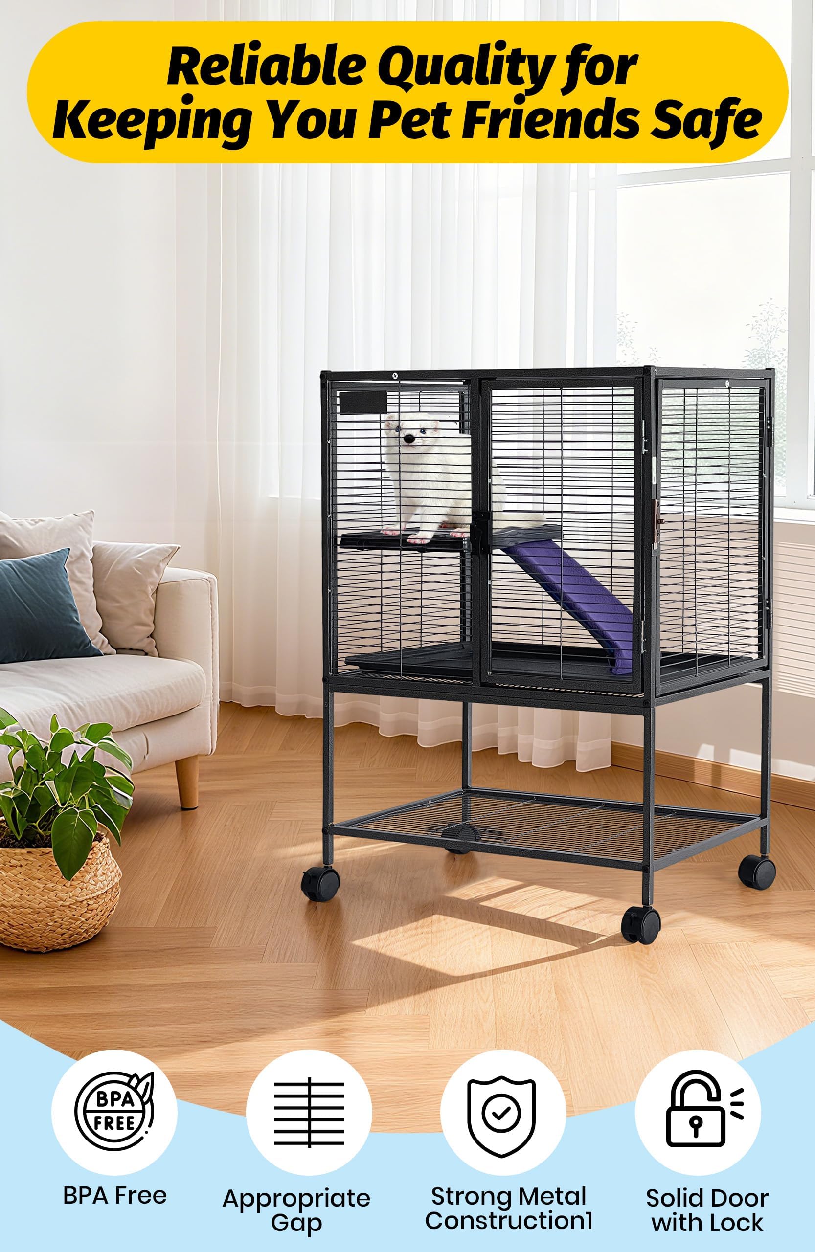 Metall Kleintierkäfig mit Mehreren Ebenen – Herausnehmbare Schublade & Rampe, abschließbar, BPA-frei – Für Frettchen, Hamster, Chinchillas, Kaninchen, Meerschweinchen, Igel & Rennmäuse –