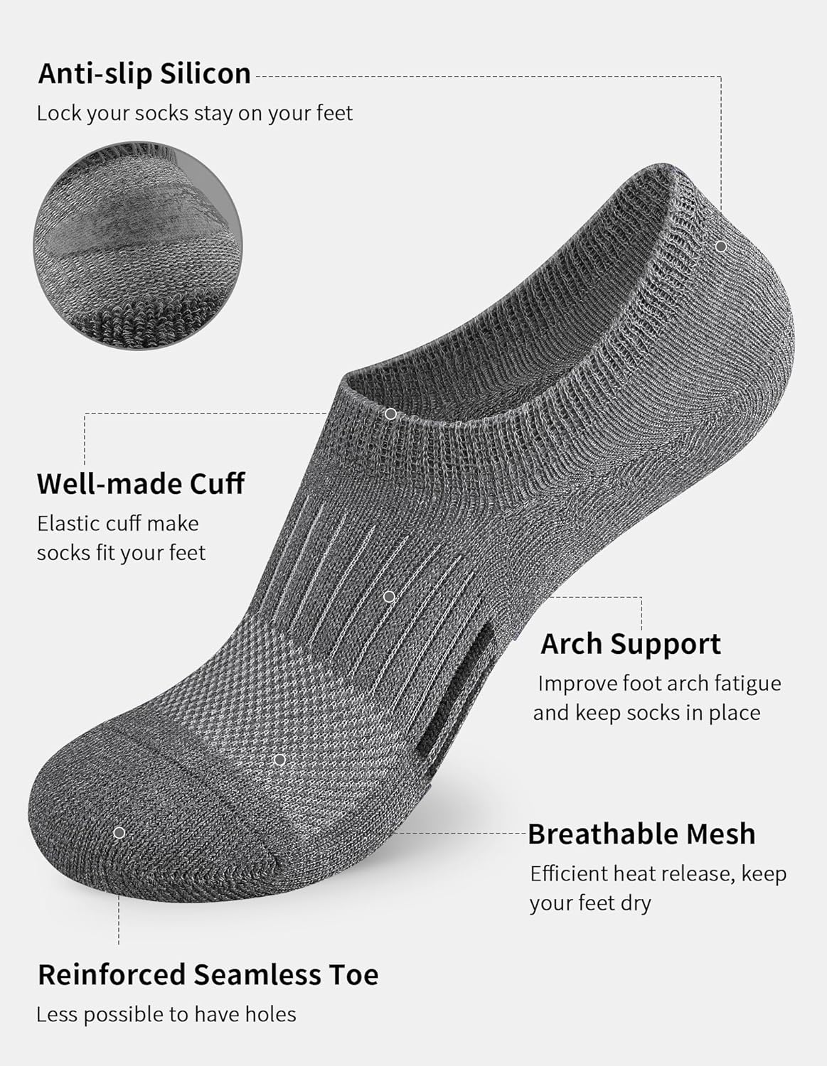 Airacker No Show Socks Womens Athletic Cushioned Low Cut Sports Running Ankle Socks for Women 6 Pairs - Image 6