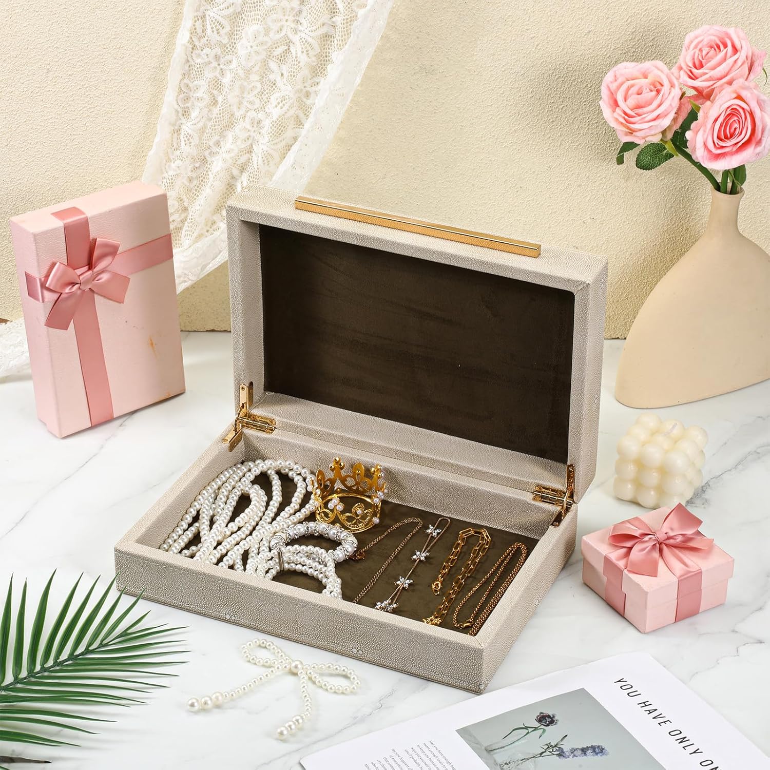 2 Size Ivory Shagreen Decorative Storage Boxes with Gold Metal Handles, 9.85x6x2.76inch and 11.8x7.87x3.35inch Modern Faux Leather Jewelry Boxes for Home Organizer
