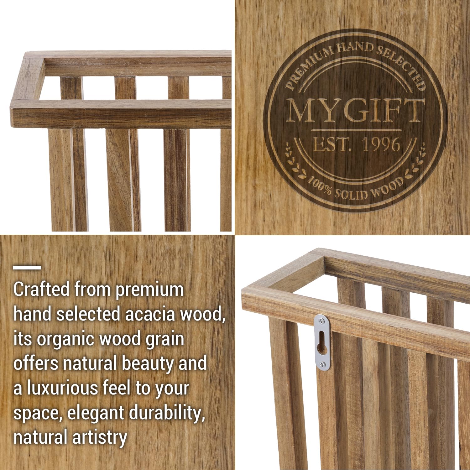 MyGift 11 Inch Premium Acacia Wood Wall Mounted Magazine Rack and File Folder Holder, Mid Century Modern Home Office Hanging Storage for Oversized Magazines