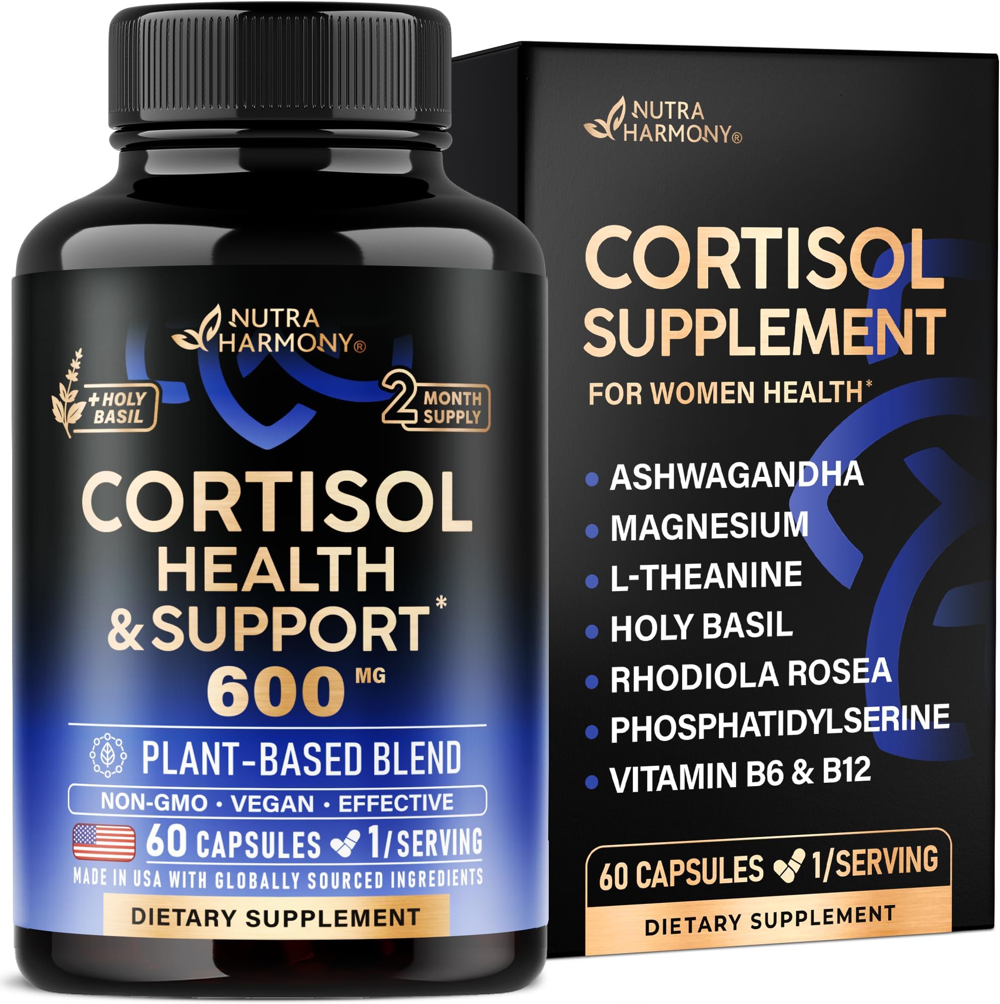 Cortisol Supplement for Women - Holy Basil, Ashwagandha & Rhodiola, 60 Caps