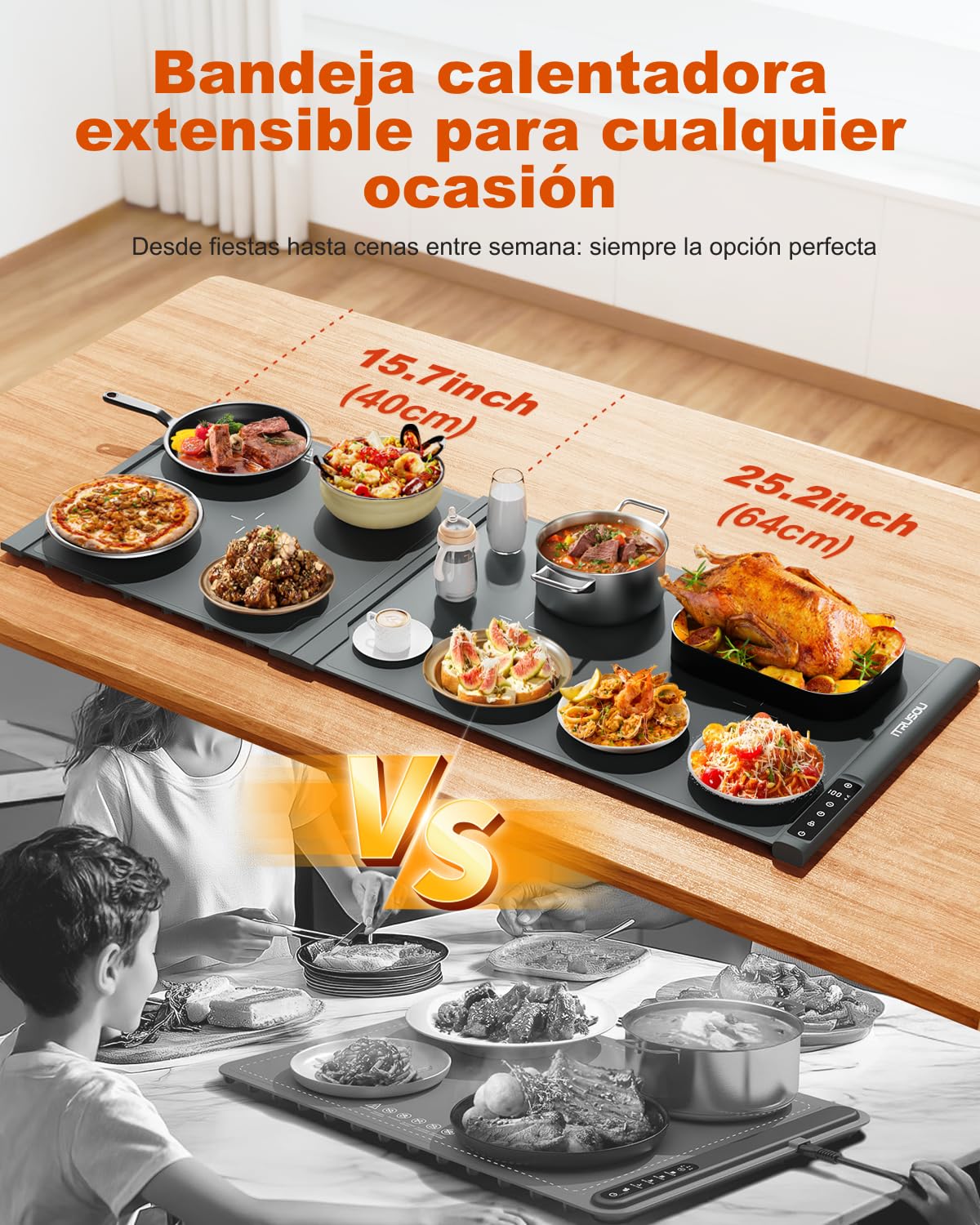 Alfombrilla térmica extensible de silicona 106x40 cm – 7 ajustes de temperatura, conmutable ℃/℉, temporizador 99H, bloqueo infantil – 2 paneles tamaños personalizables para eficiencia energética