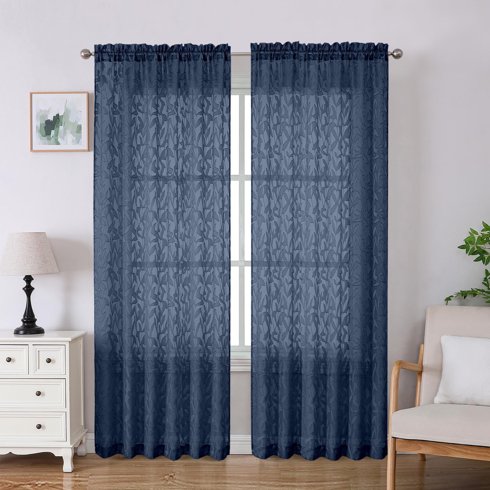Lecloud Leia Navy Blue Sheer Curtains, Jacquard Leaf Texture, 52"W x 84"L, 2 Panels, Dual Rod Pocket