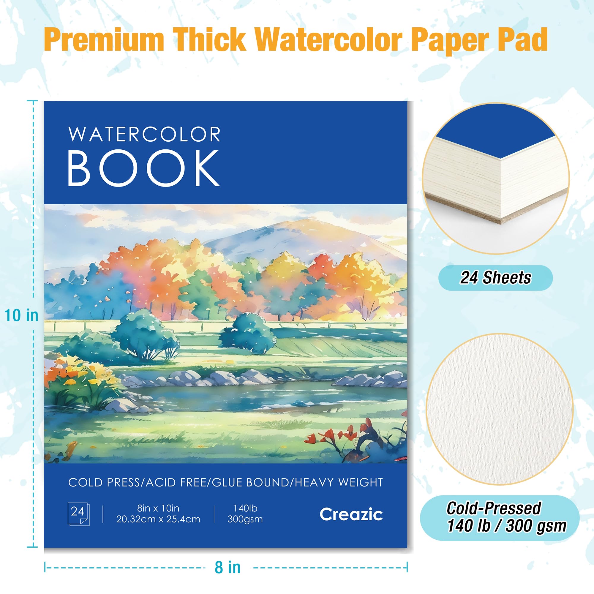 Creazic Aquarellpapierblock, 20,3 x 25,4 cm, säurefreies Künstlernotizbuch, kaltgepresstes schweres Skizzenbuch für Erwachsene, Kinder und Anfänger, ideal für Aquarellfarben, gemischte Medien und
