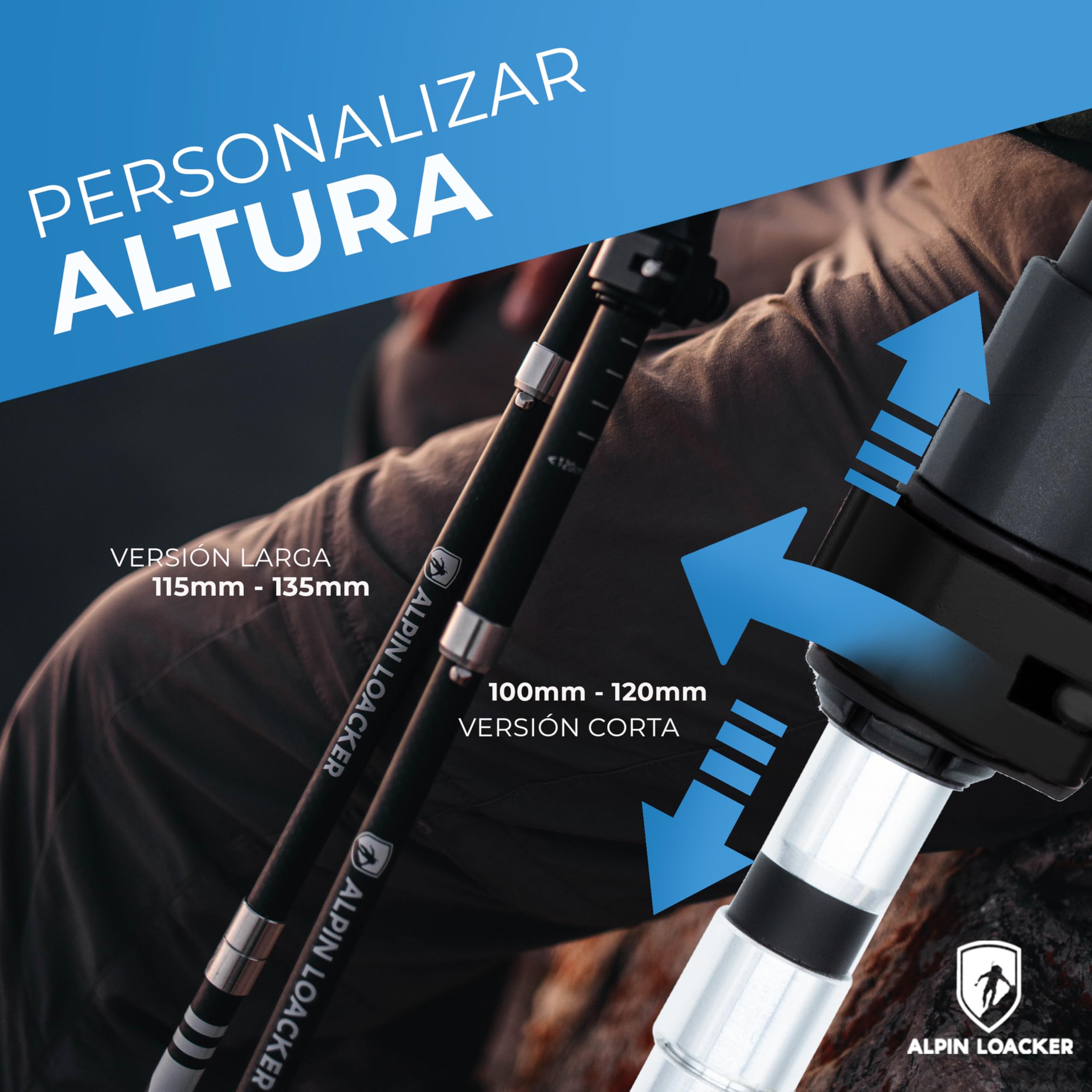 Alpin Loacker Bastones de Trekking Plegables en Carbono y Aluminio | Ligeros, Resistentes y Regulables, Multiusos para Alpinismo, Nordic Walking, Esquí y Trail Running