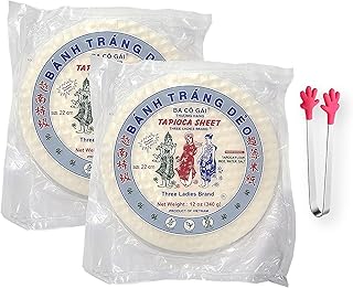 Three Ladies Tapioca Sheet Banh Trang Deo for Vietnamese Spring Roll Size 22 cm - 12 Oz. X 2 Packs - with Mini Handshape Silicone Tongs