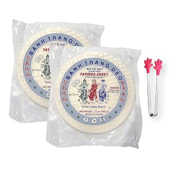 Three Ladies Tapioca Sheet Banh Trang Deo for Vietnamese Spring Roll Size 22 cm - 12 Oz. X 2 Packs - with Mini Handshape Silicone Tongs