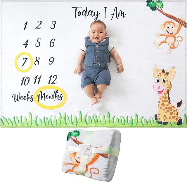 Baby Monthly Milestone Blanket | for Boy or Girl, Unisex | Month Blanket Baby for Pictures | Jungle Safari, Giraffe & Monkey Theme | Personalized Shower Gifts New Moms | Track Age & Growth