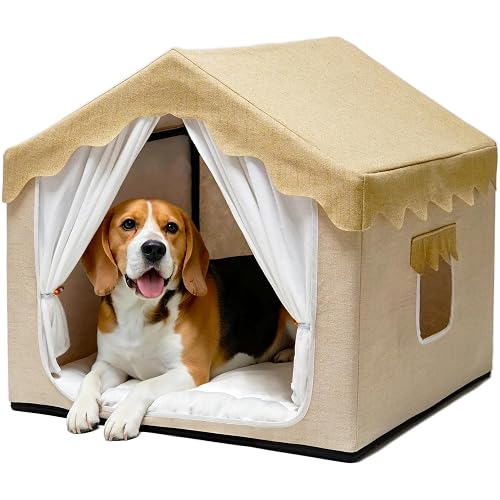 Indoor Dog House, Breeze Pet Tent with Sturdy Frame & Window, Dog Cave Bed with Washable Cover for Small-Medium Dogs (18-40 lb), 25", Cream