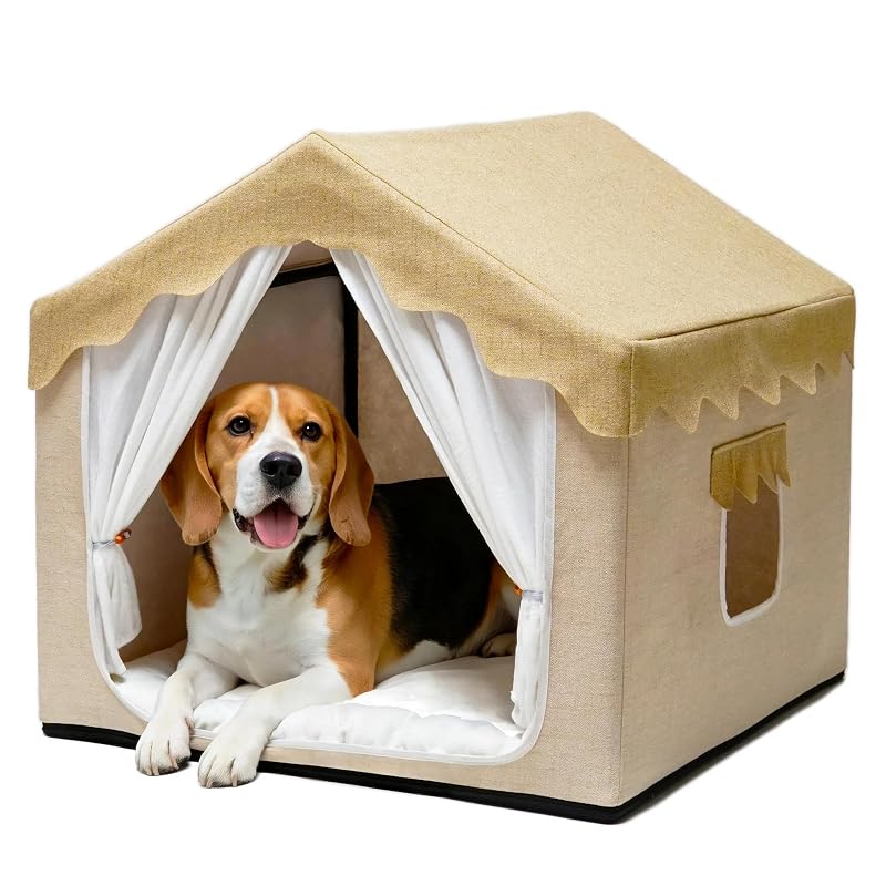 Casa para cães Pelemee em formato de toca, com estrutura de PVC e almofada reversível, Bege, tamanho Grande (L) – 63,5 x 63,5 x 63,5 cm