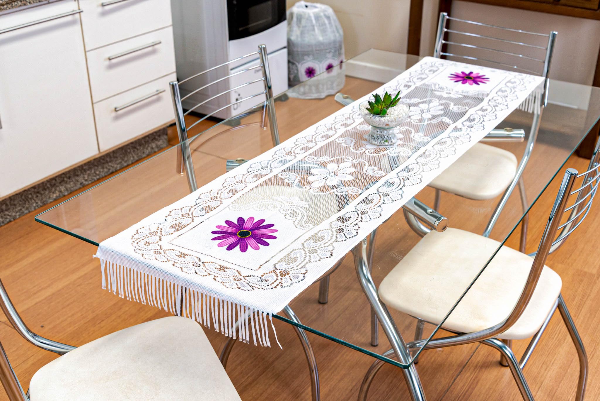 Caminho de Mesa de Renda Estampada, Branco, 0,40cm x 1,40m, para Mesas de 4 ou 6 Lugares,