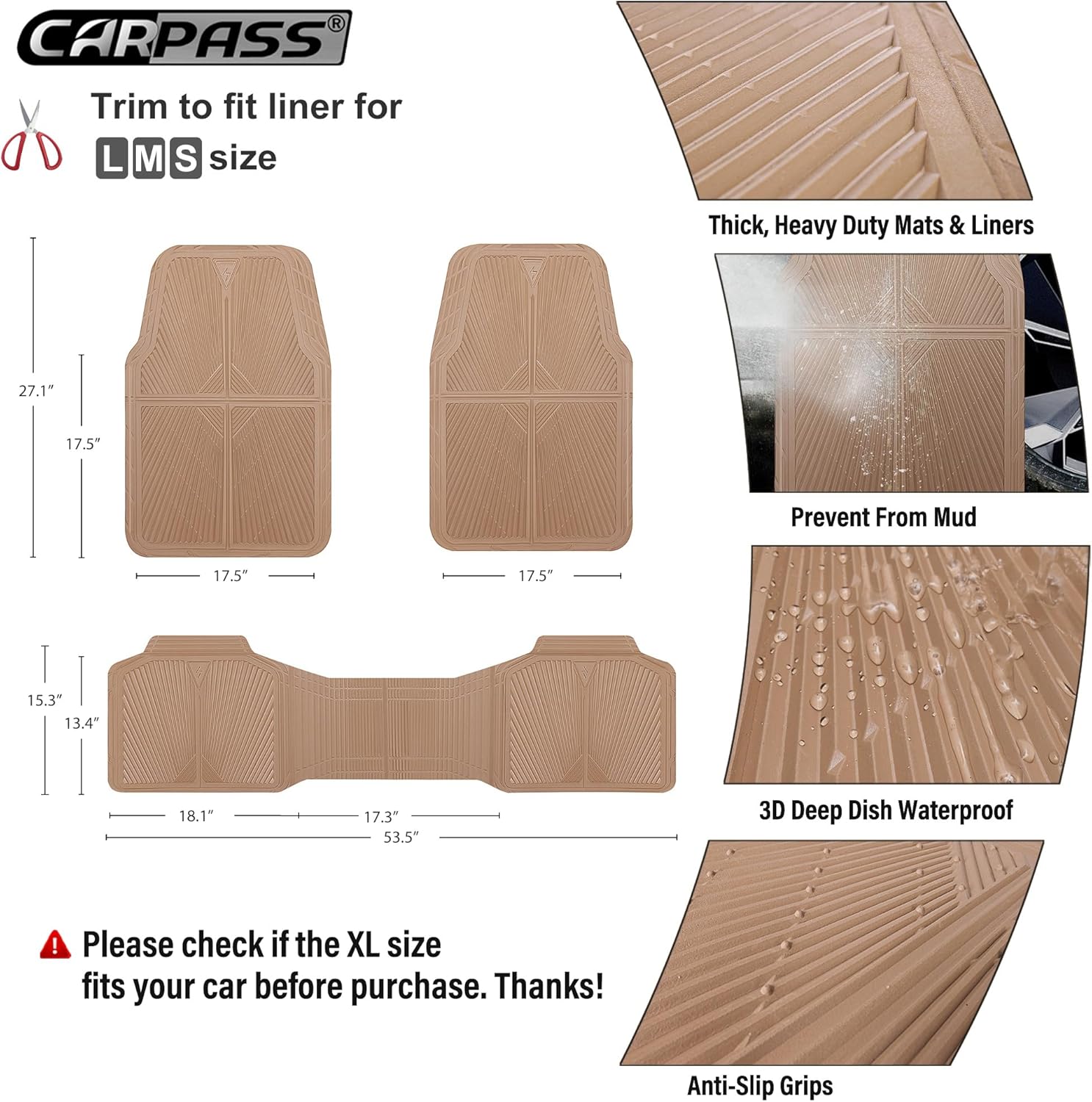 CAR PASS Rubber Car Mats,Car Floor Mats All Weather, Waterproof Trim-to Fit Automotive Floor Mats for Cars Trucks SUV,Anti-Slip Easy Clean, Heavy Duty Car Mats Full Set 3-Piece,All Beige - Image 3